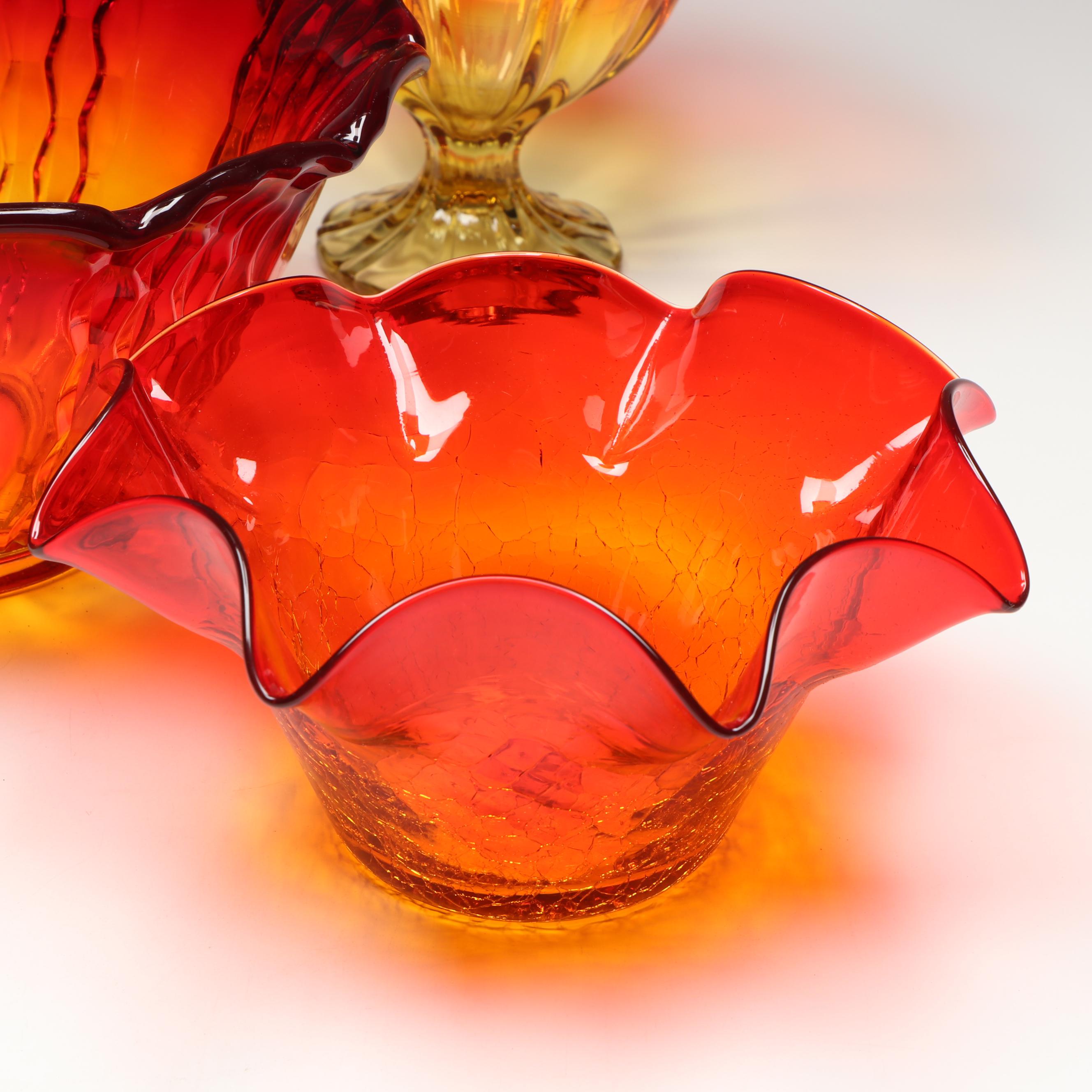 L.E. Smith, Viking, Other Amberina Glass Ruffled Edge Bowls, Mid-20th Century