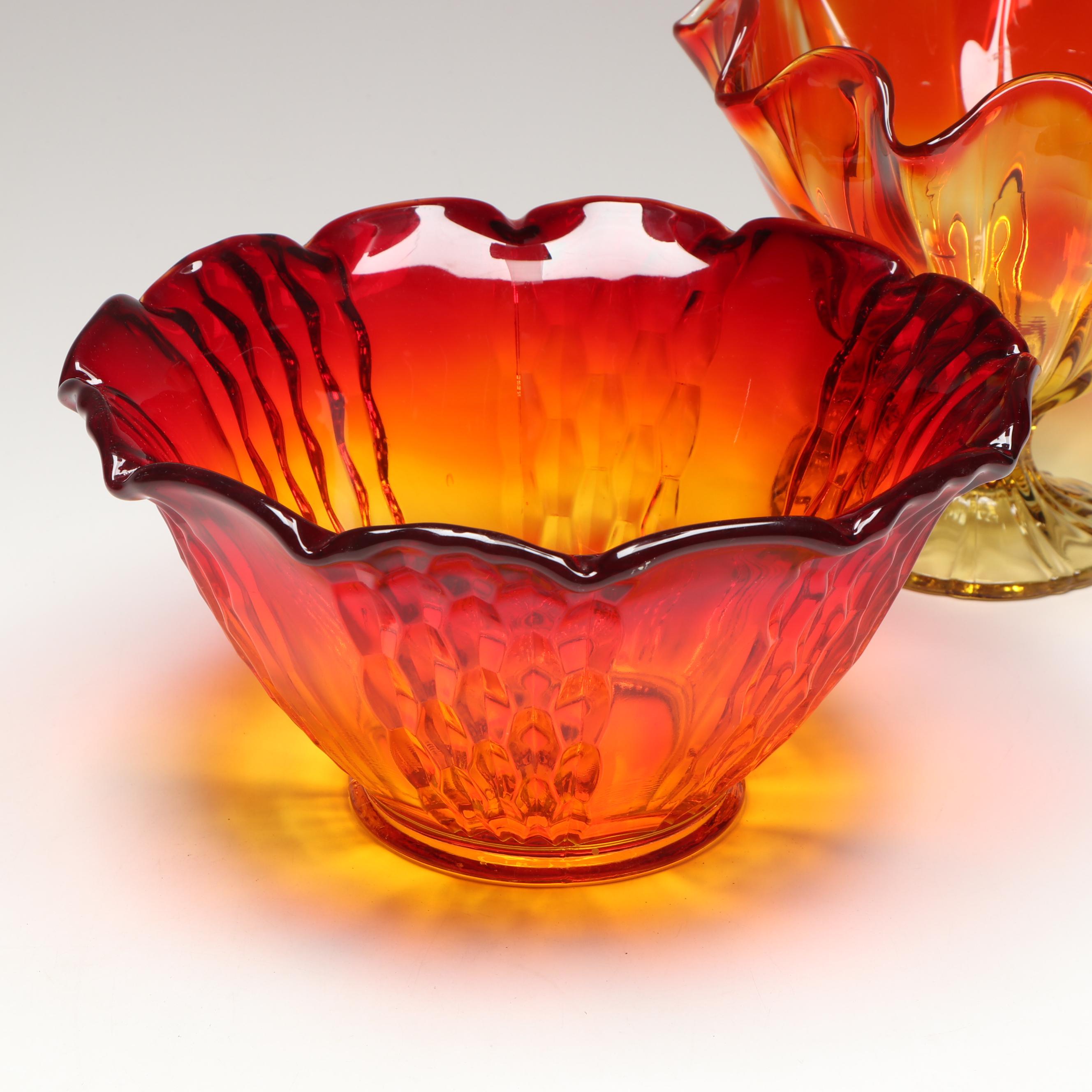 L.E. Smith, Viking, Other Amberina Glass Ruffled Edge Bowls, Mid-20th Century