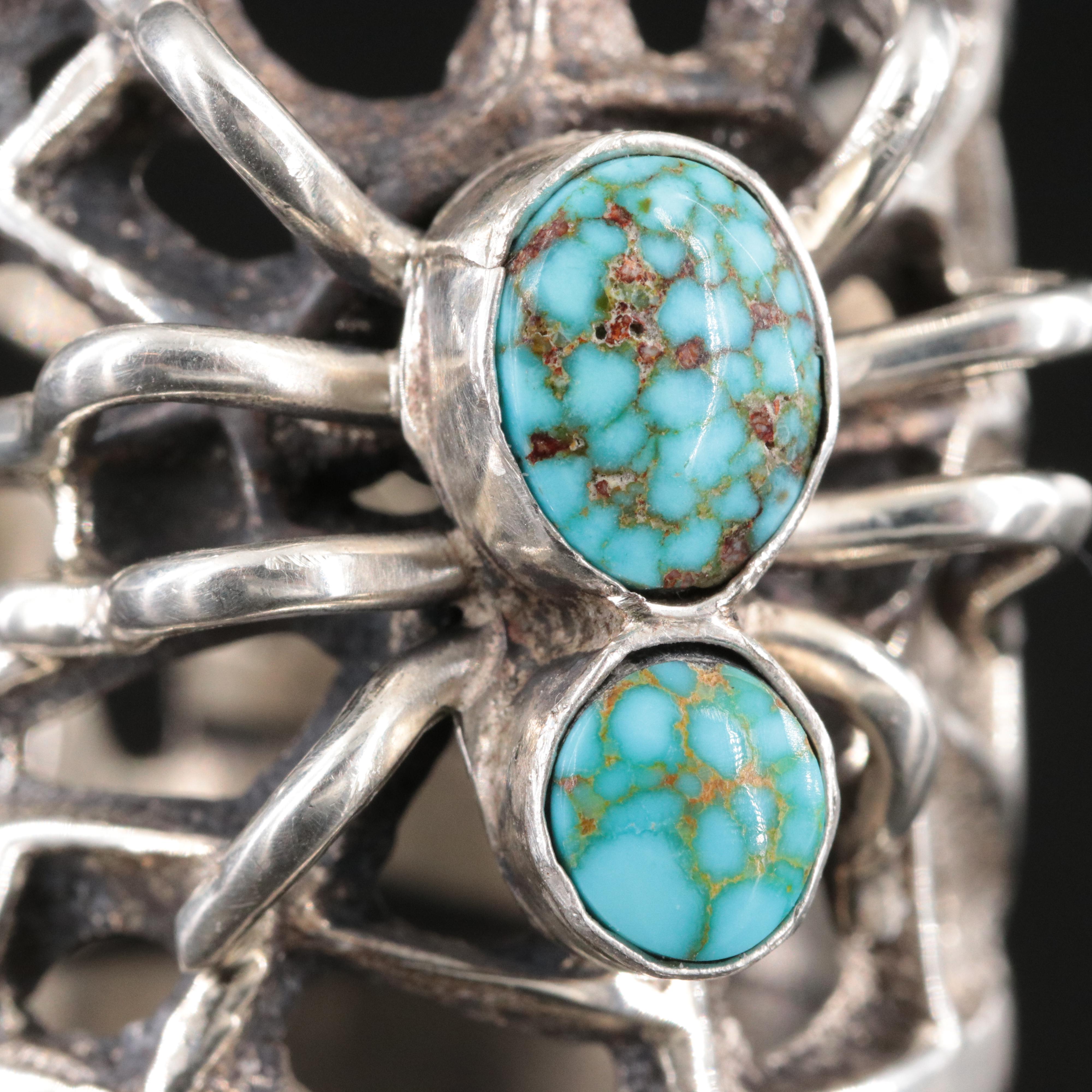 Signed Southwestern Sterling Turquoise Tufa Cast Spider Ring