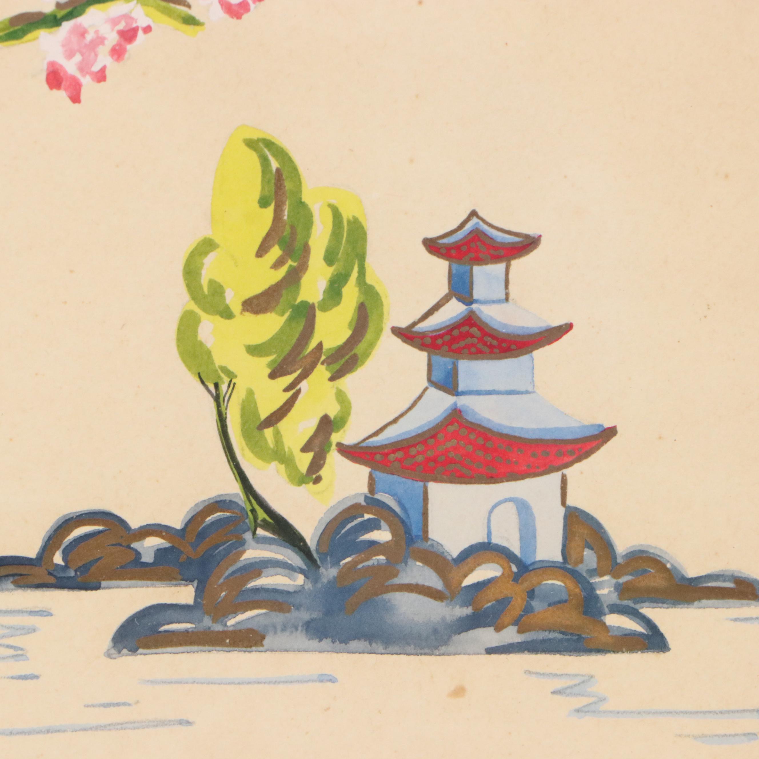 Gouche Paintings of Stylized East Asian Portraits, Mid-20th Century