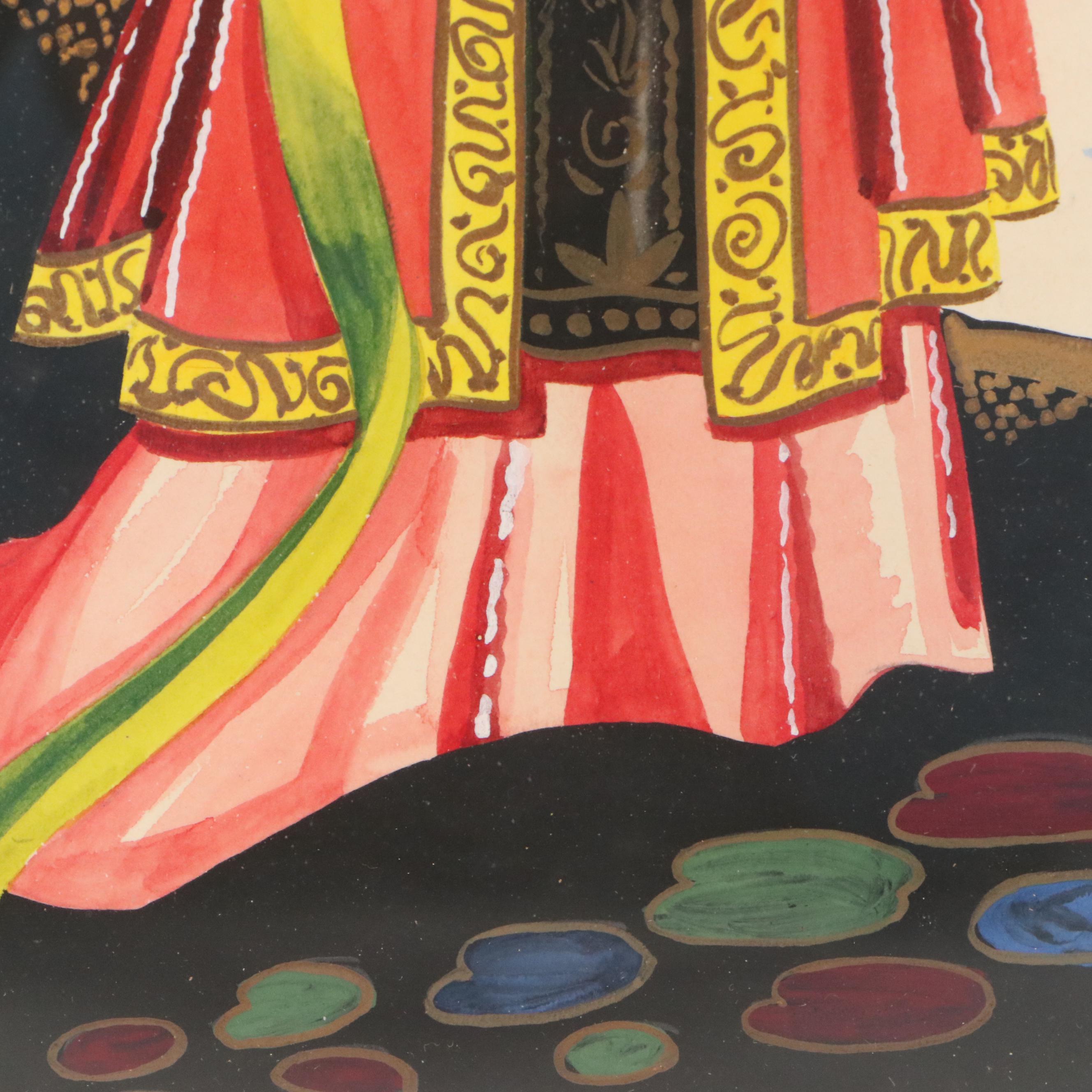 Gouche Paintings of Stylized East Asian Portraits, Mid-20th Century