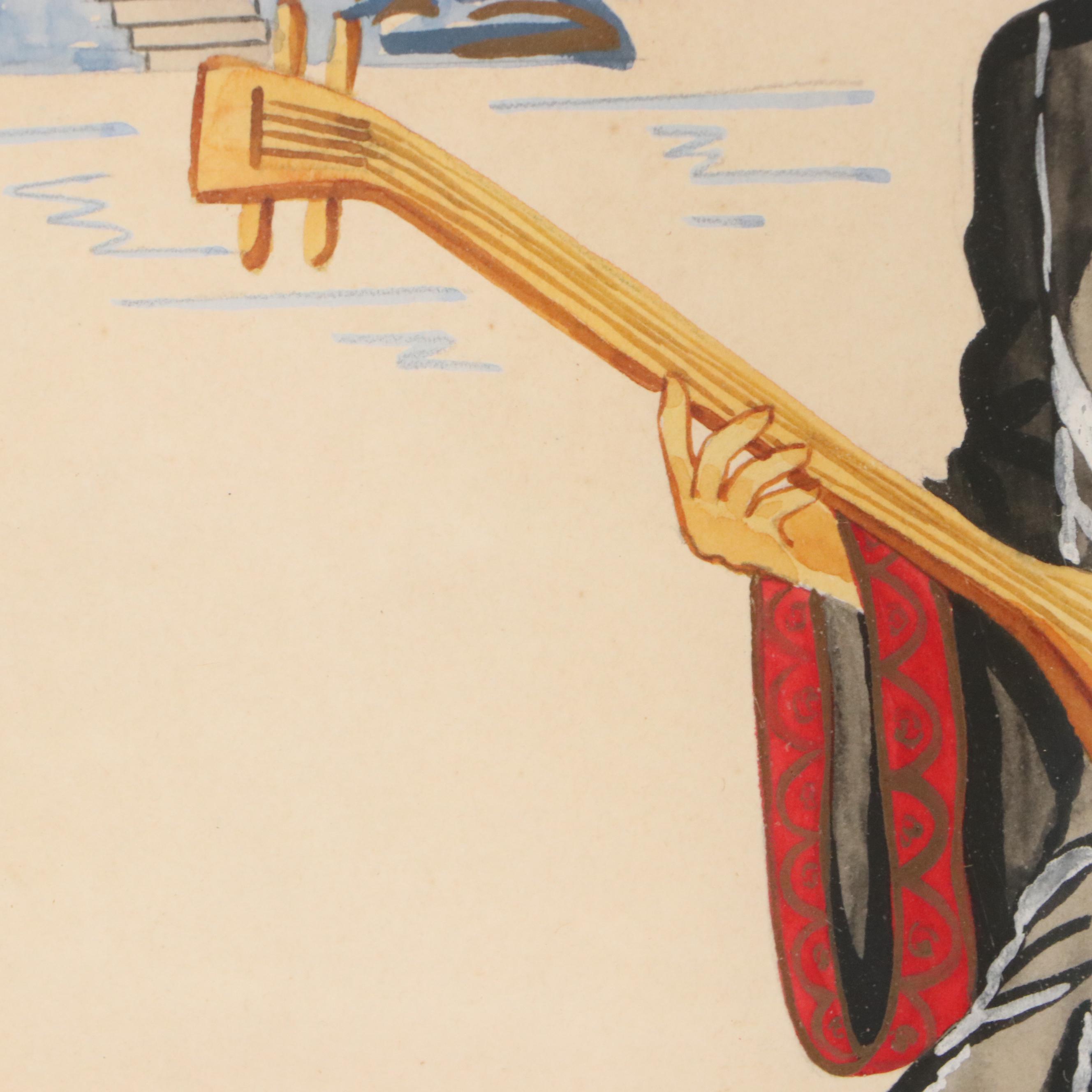 Gouche Paintings of Stylized East Asian Portraits, Mid-20th Century