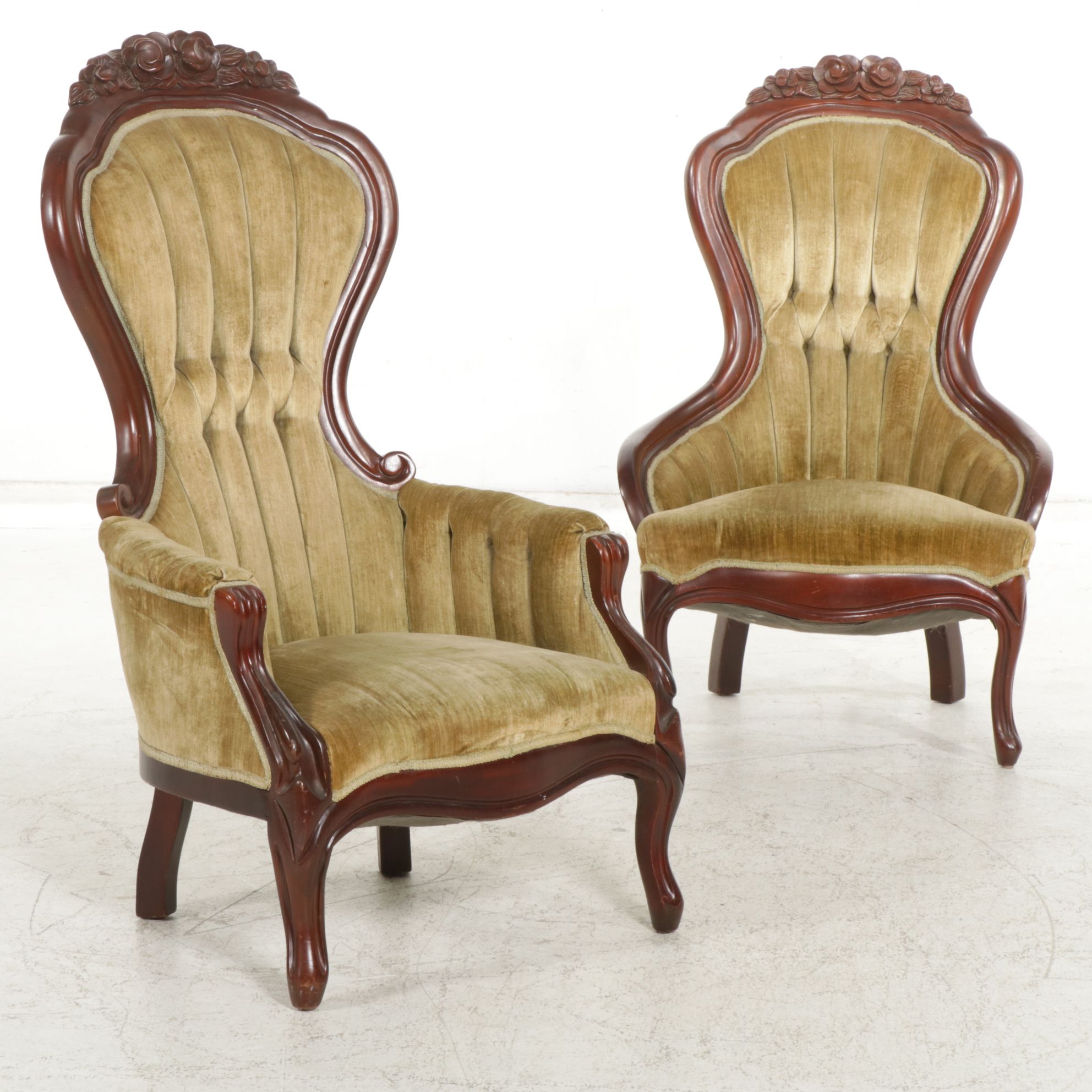 Victorian Carved Mahogany Upholstered Parlor Chairs
