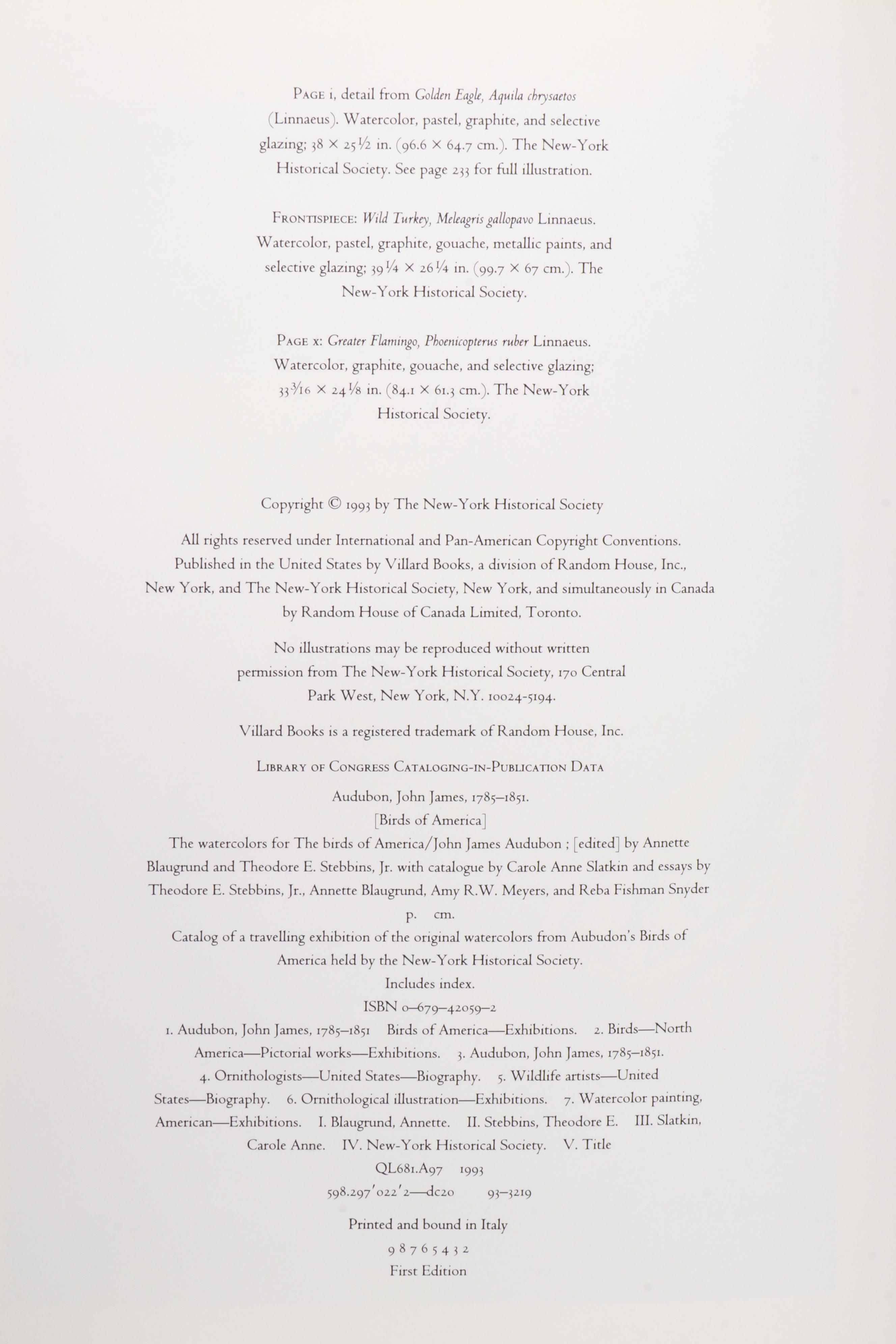 First Printing "John James Audubon: Watercolors for The Birds of America," 1993