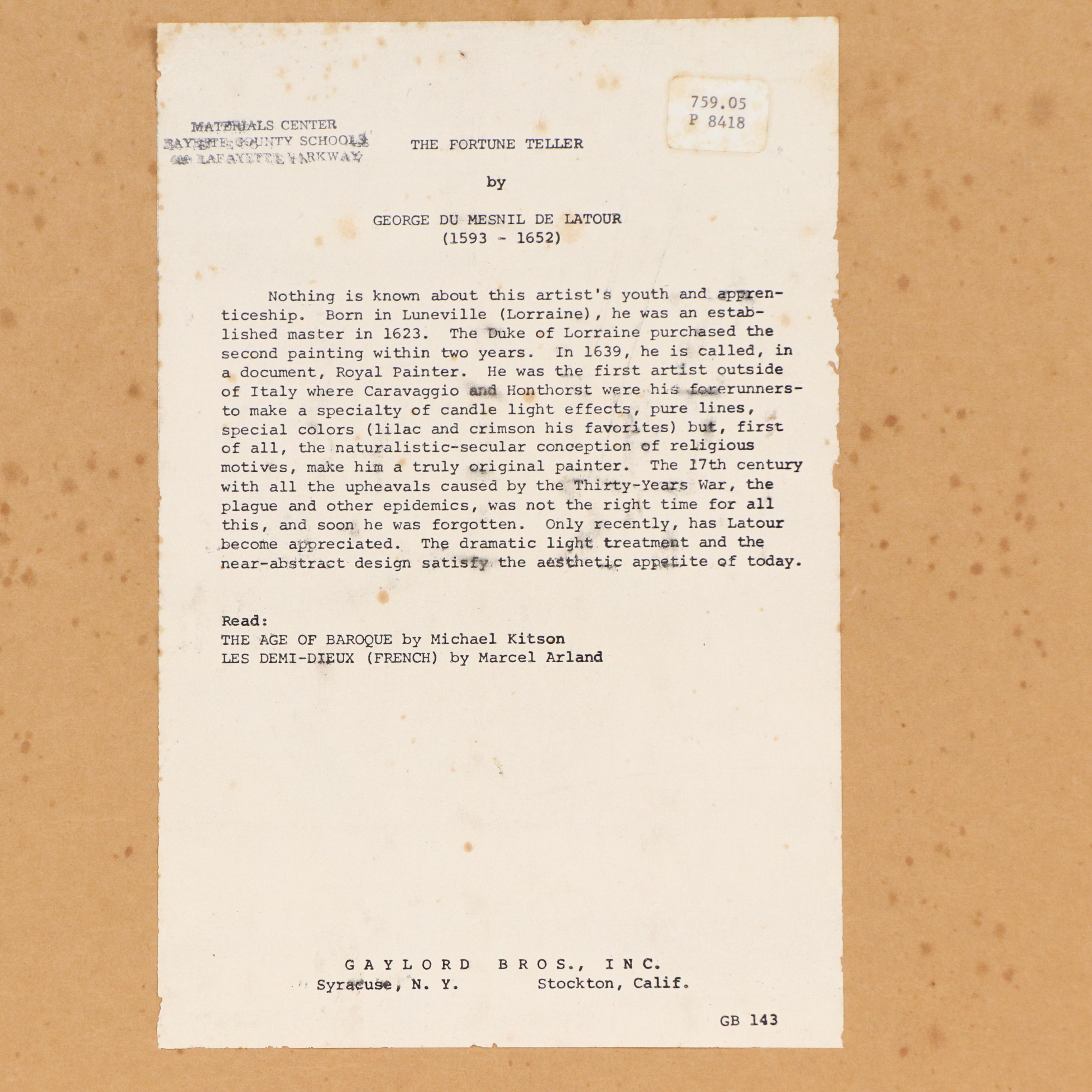 Giclée After Georges de La Tour "The Fortune-Teller"