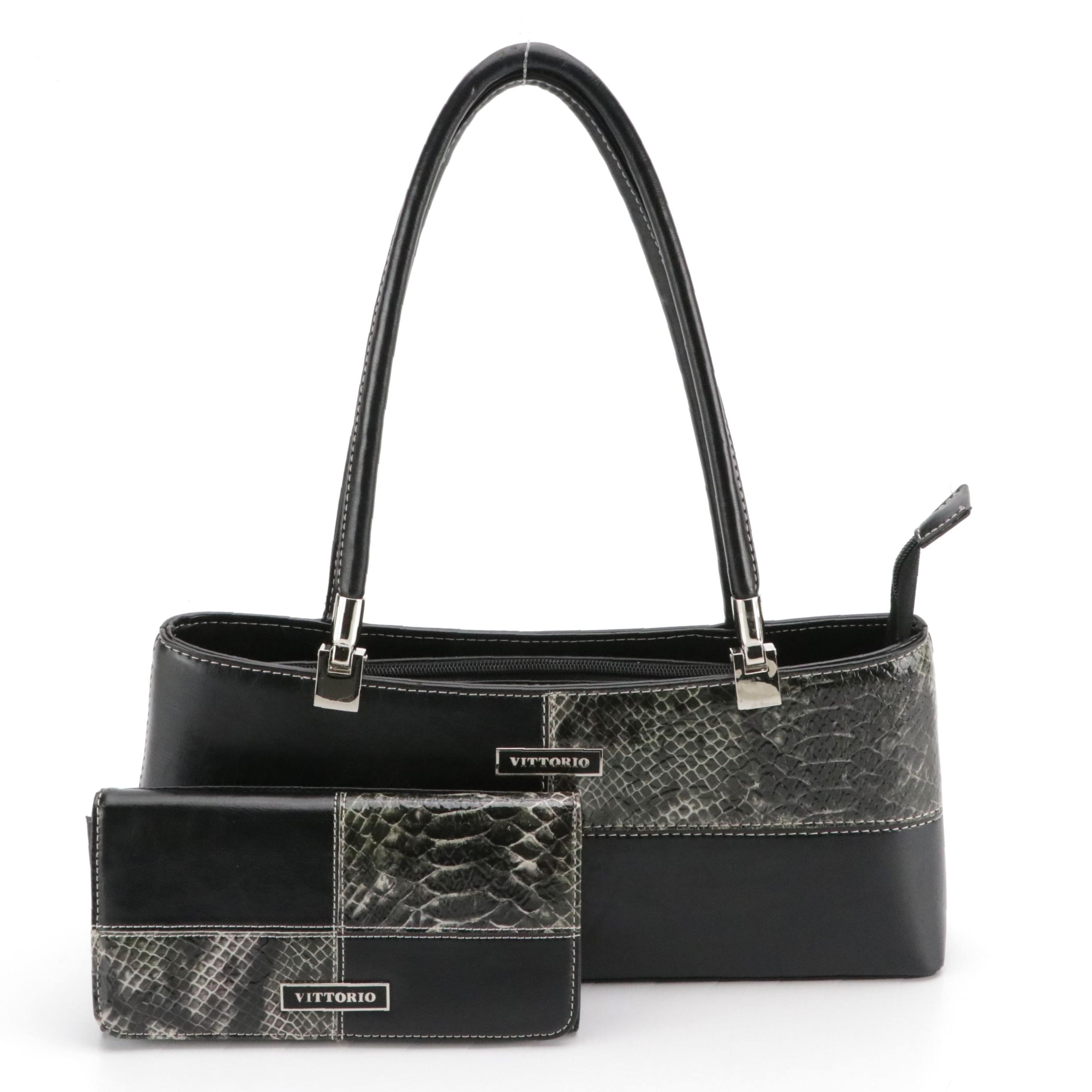 Vittorio Black Calfskin and Snakeskin Leather Shoulder Bag and Long Wallet Set