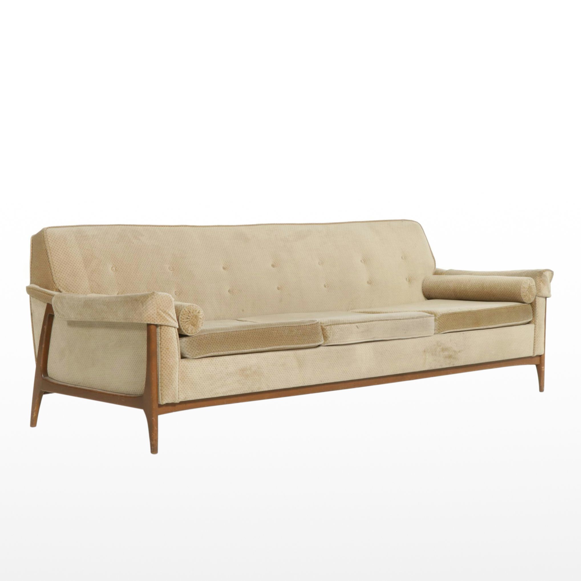 Kroehler Style Mid Century Modern Walnut Framed Sofa