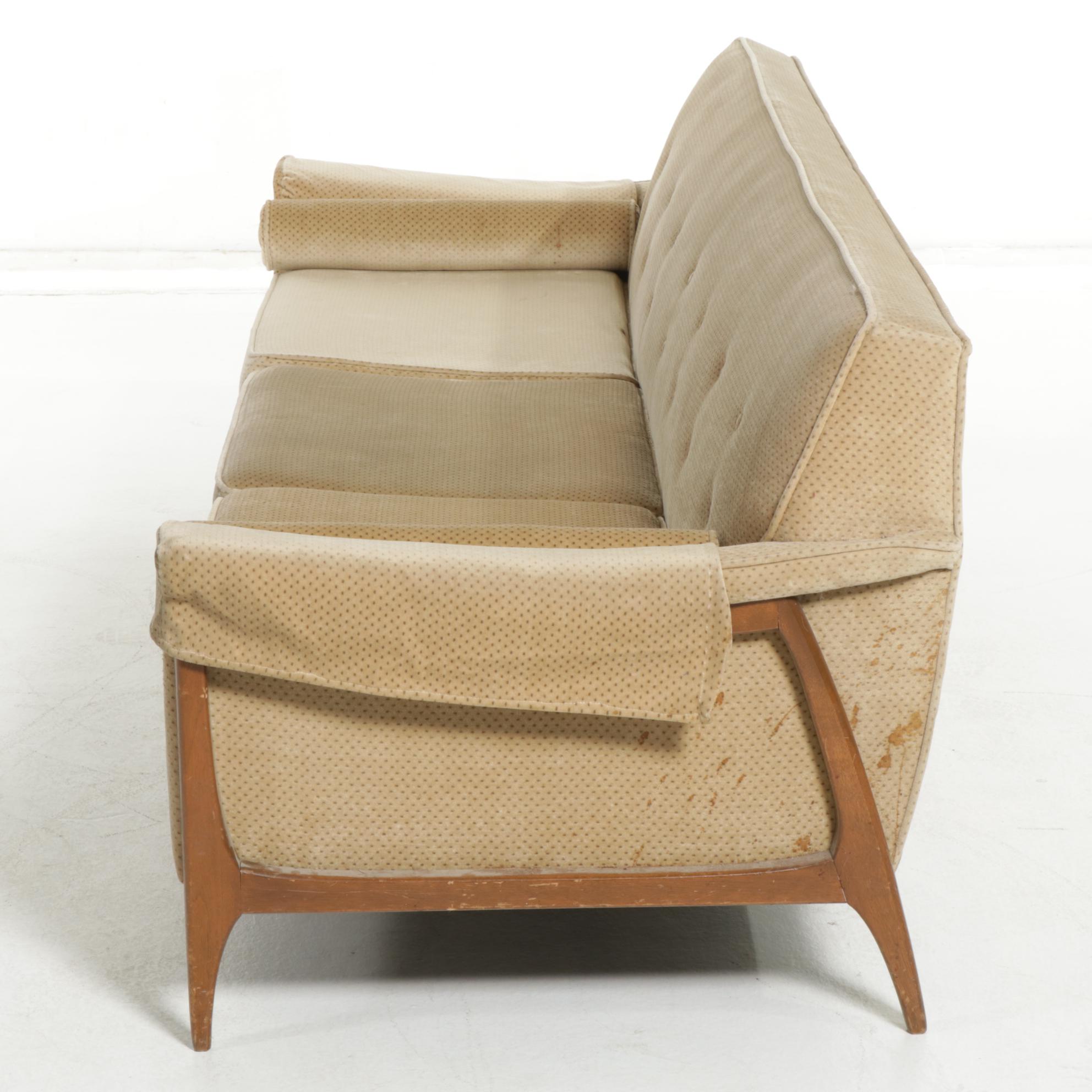 Kroehler Style Mid Century Modern Walnut Framed Sofa