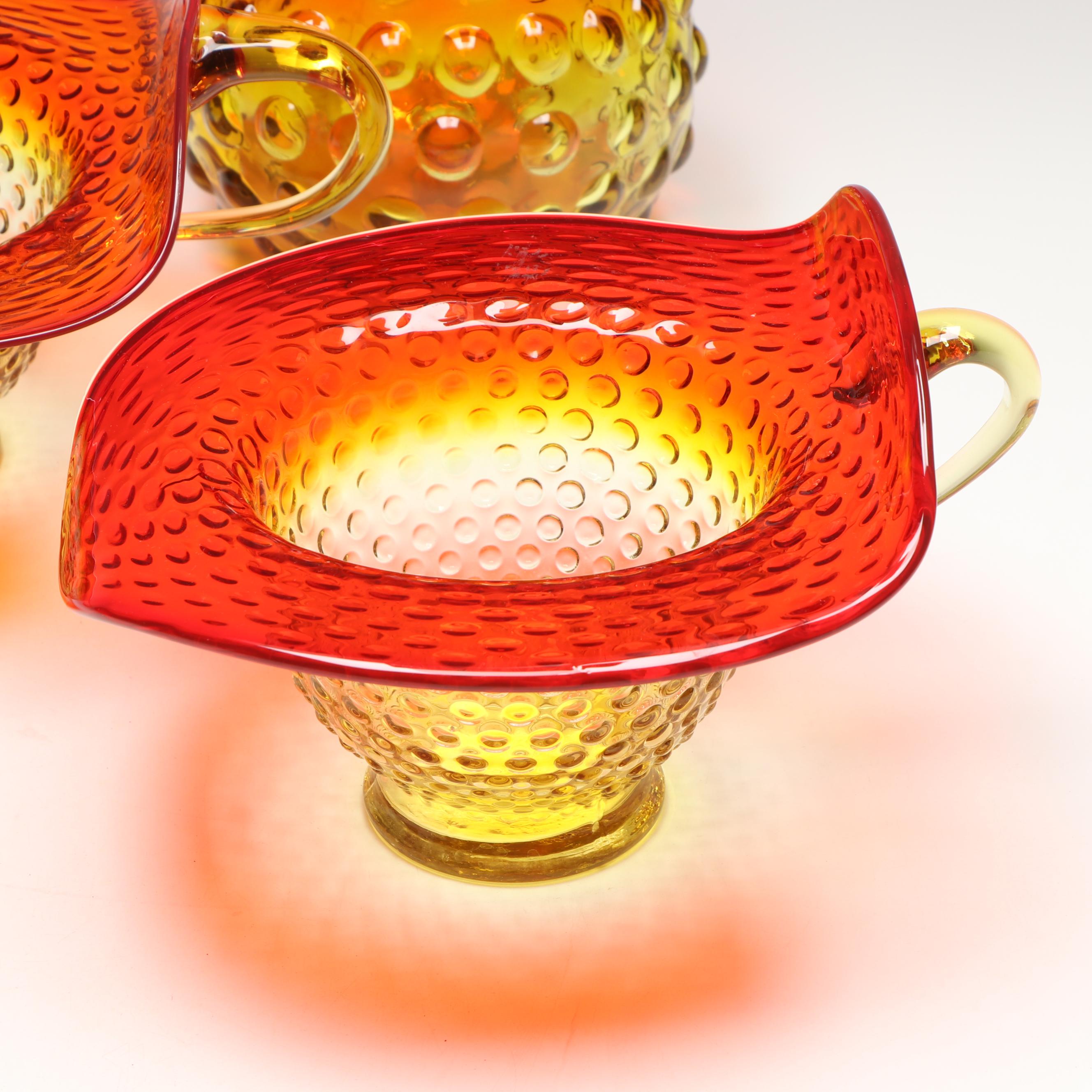 MCM Amberina Blenko Wayne Husted Hobnail Vase, Jack in the Pulpit Vases