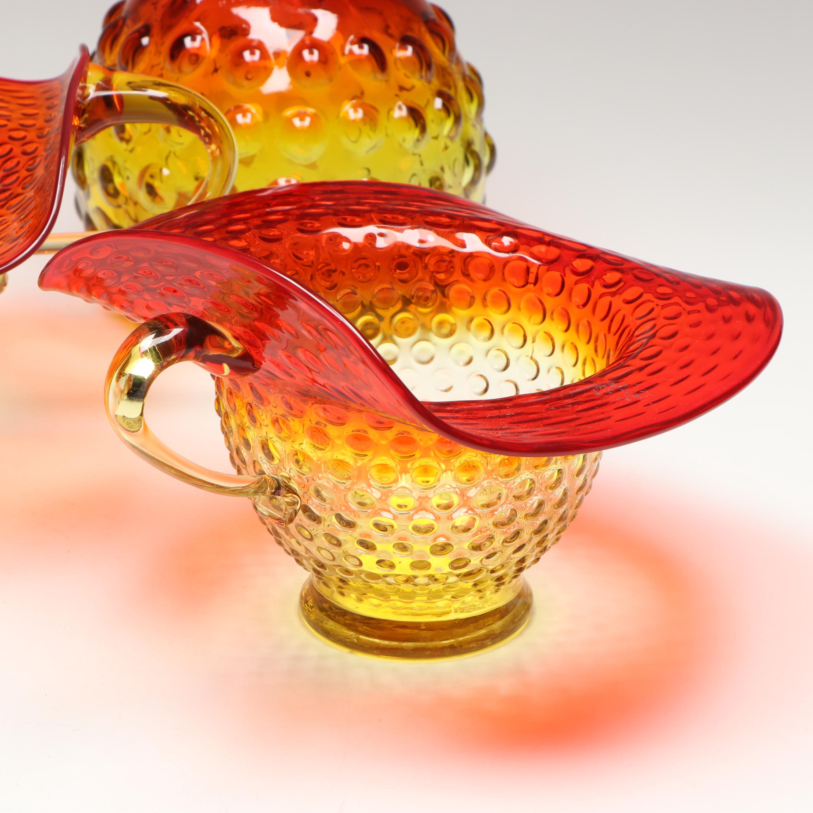 MCM Amberina Blenko Wayne Husted Hobnail Vase, Jack in the Pulpit Vases