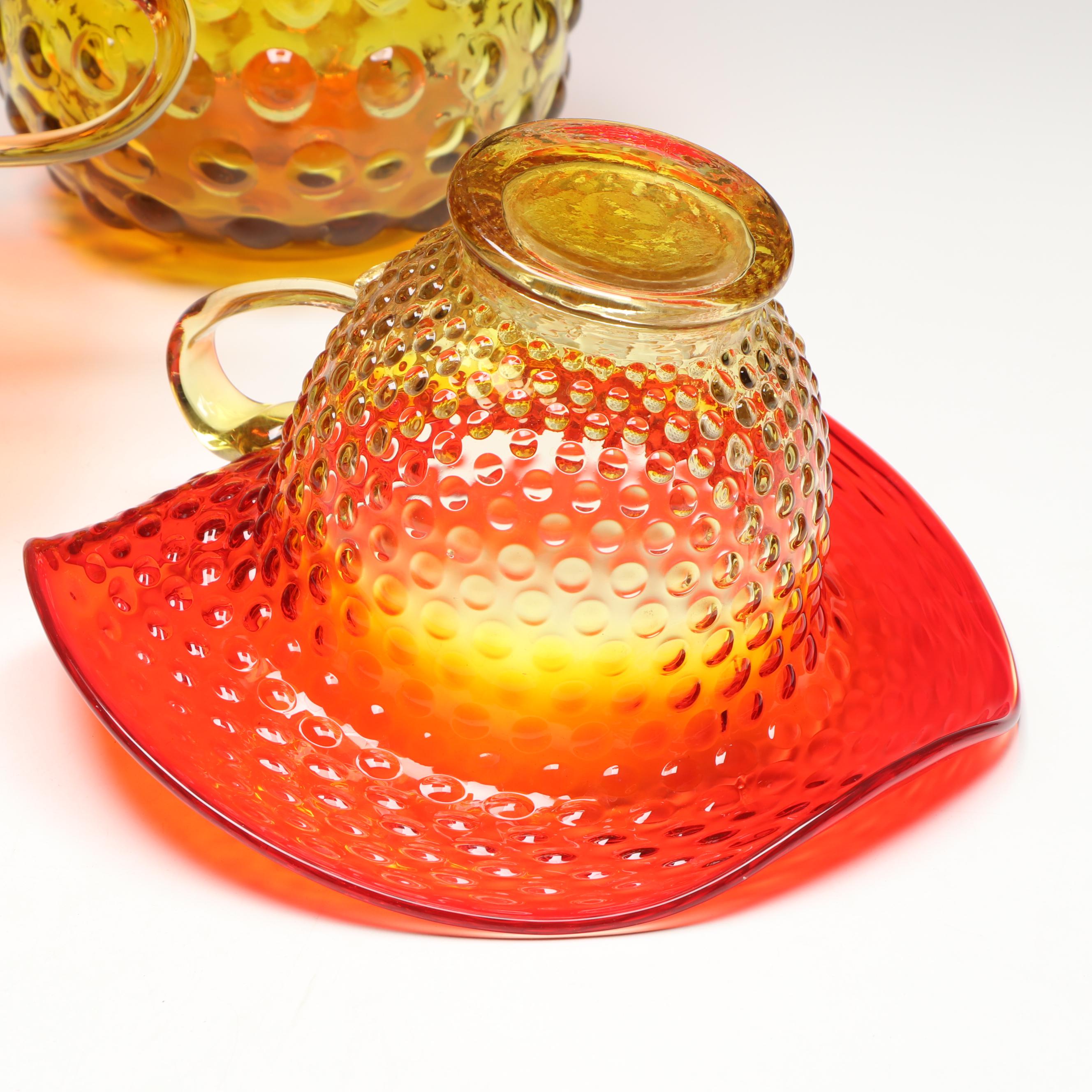 MCM Amberina Blenko Wayne Husted Hobnail Vase, Jack in the Pulpit Vases