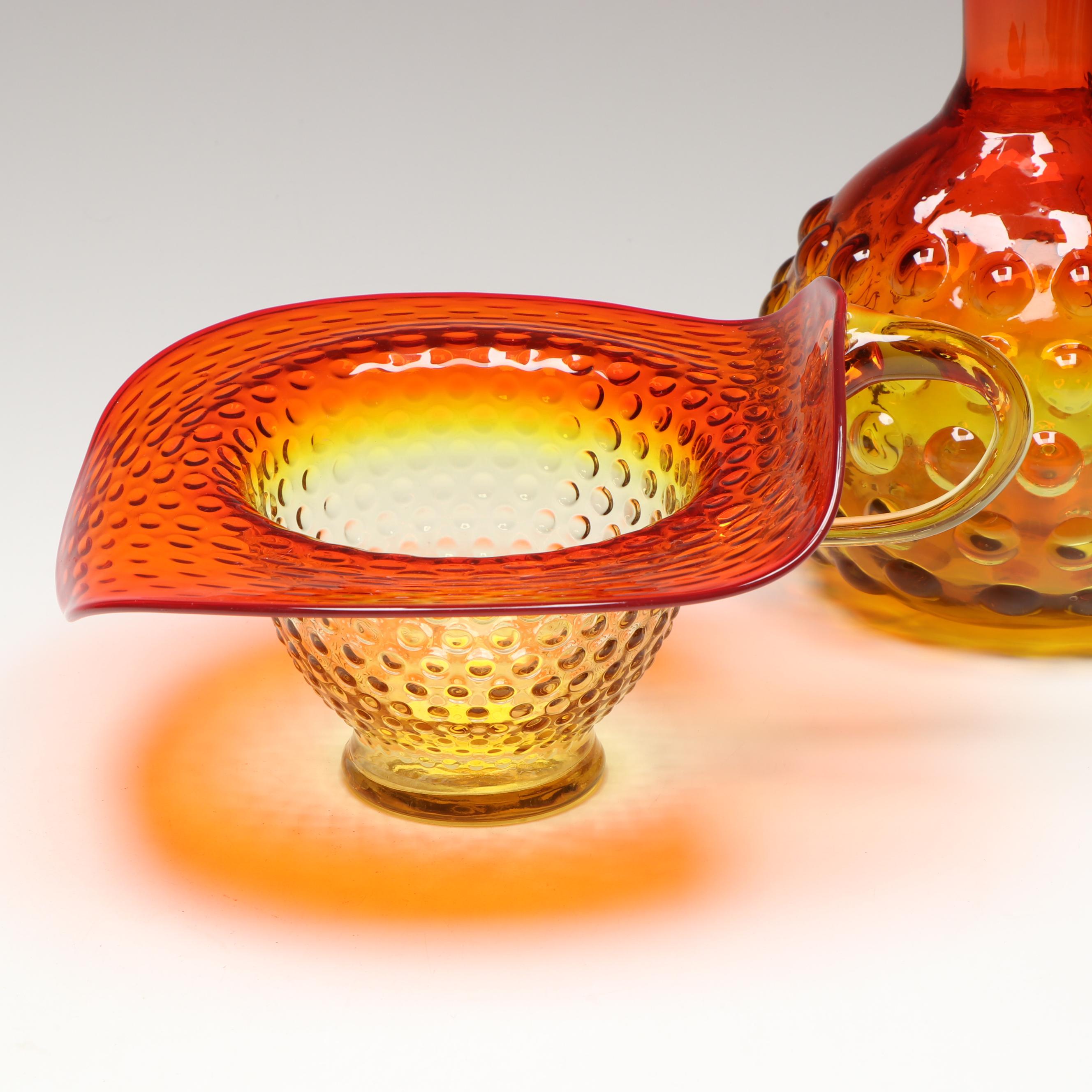 MCM Amberina Blenko Wayne Husted Hobnail Vase, Jack in the Pulpit Vases