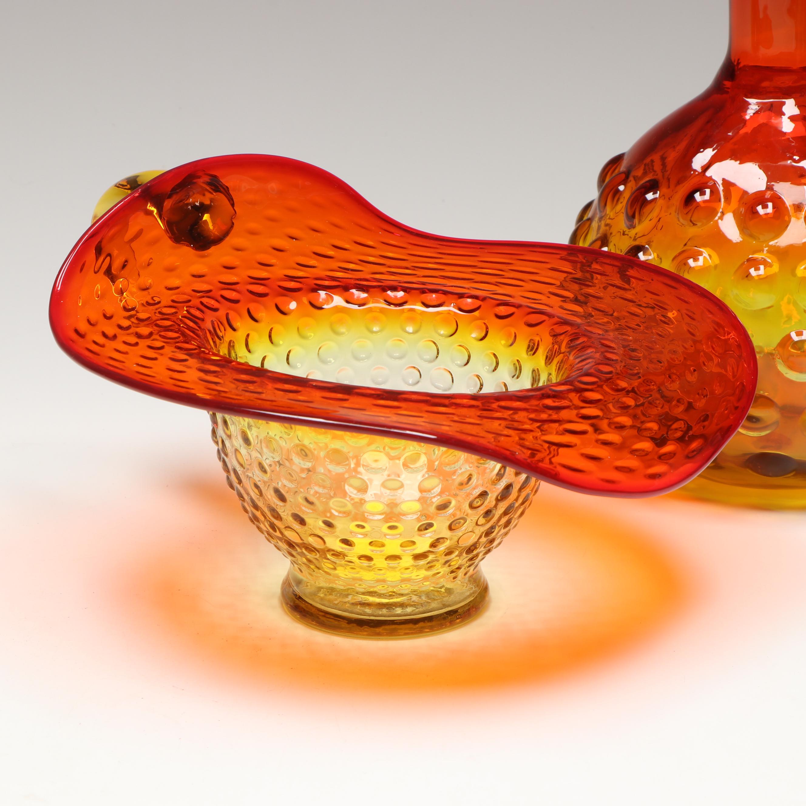 MCM Amberina Blenko Wayne Husted Hobnail Vase, Jack in the Pulpit Vases