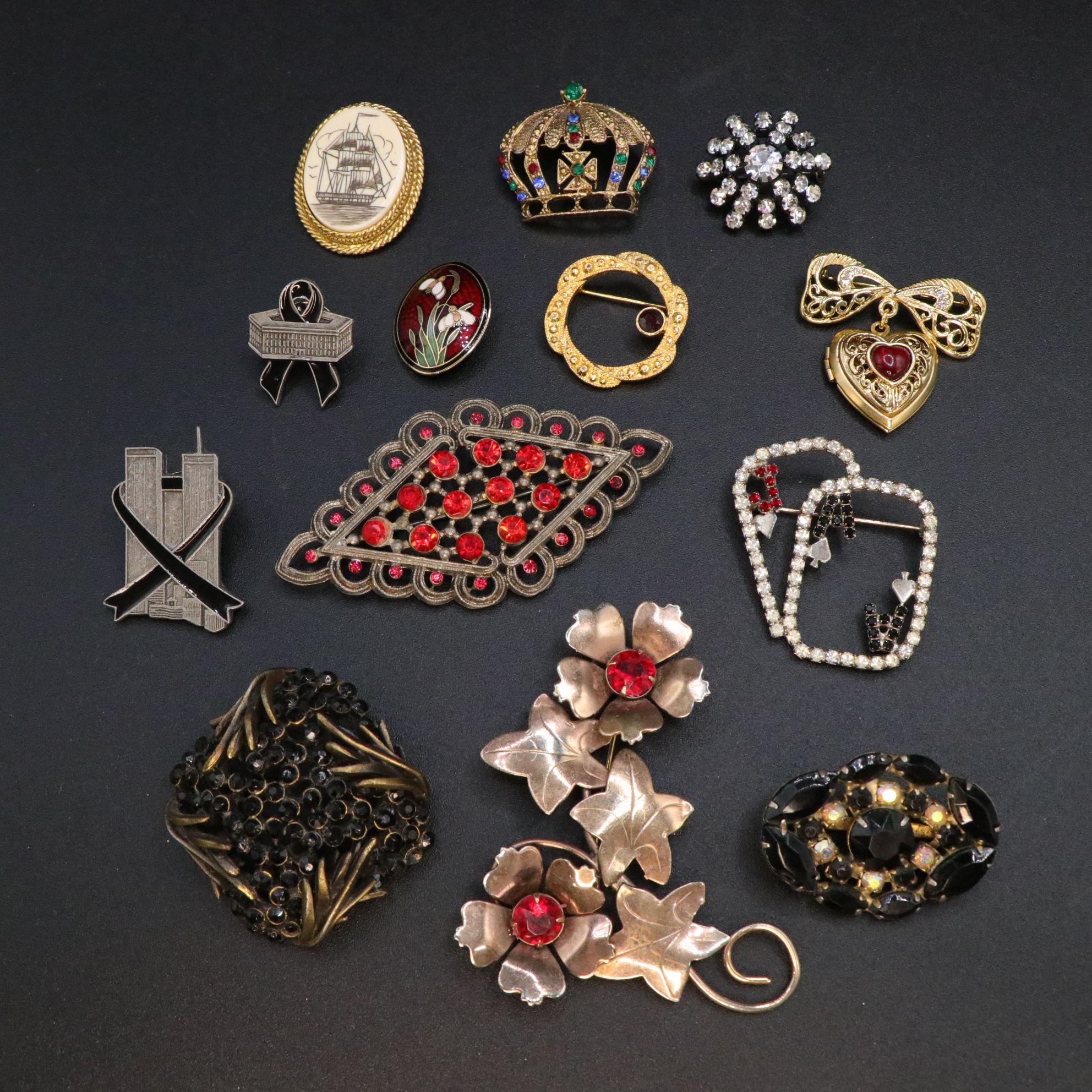 Cloisonné Black Rhinestone & Aurora Borealis Brooch with Karu & More Jewelry