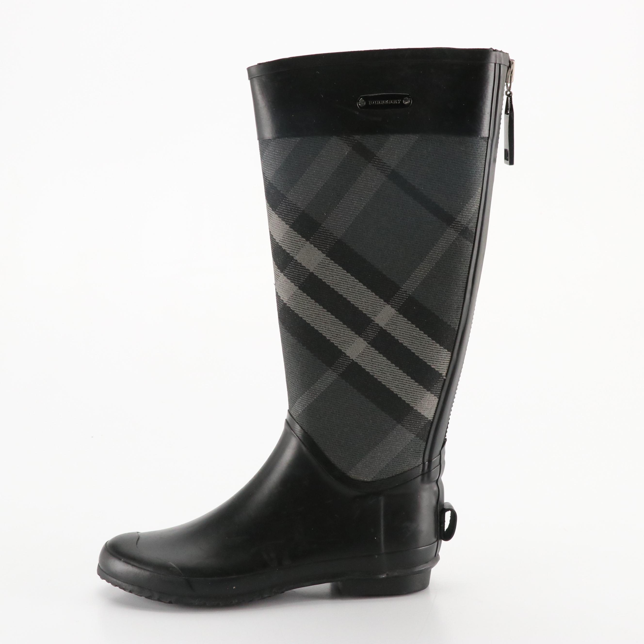 Burberry "Clemence" Classic Smoke House Check Canvas Rain Boots in  Box