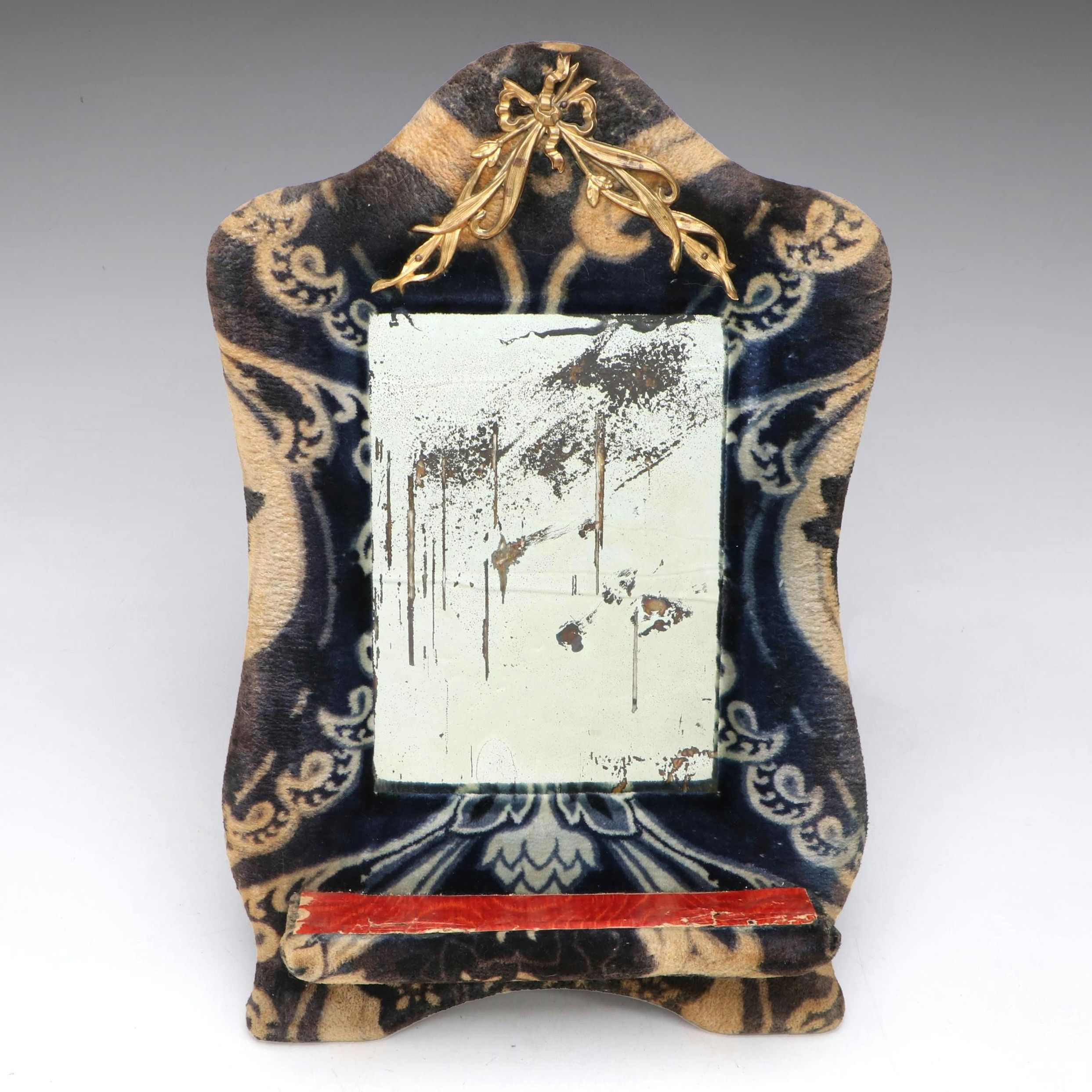 Victorian Patterned Fabric Vanity Mirror with Wooden Compartment