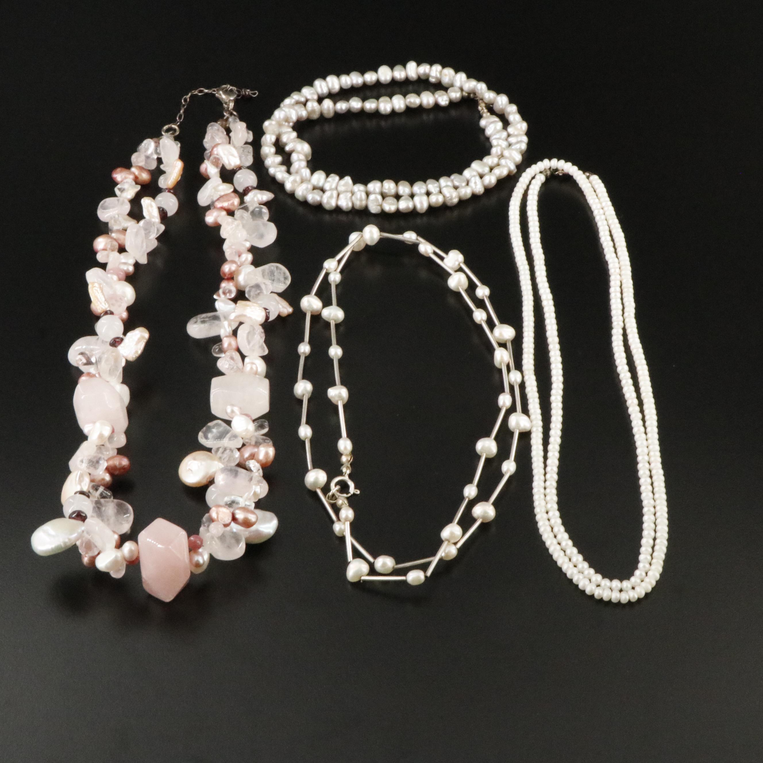 Pearls, Rose Quartz and Rock Crystal Necklace Collection Including Sterling