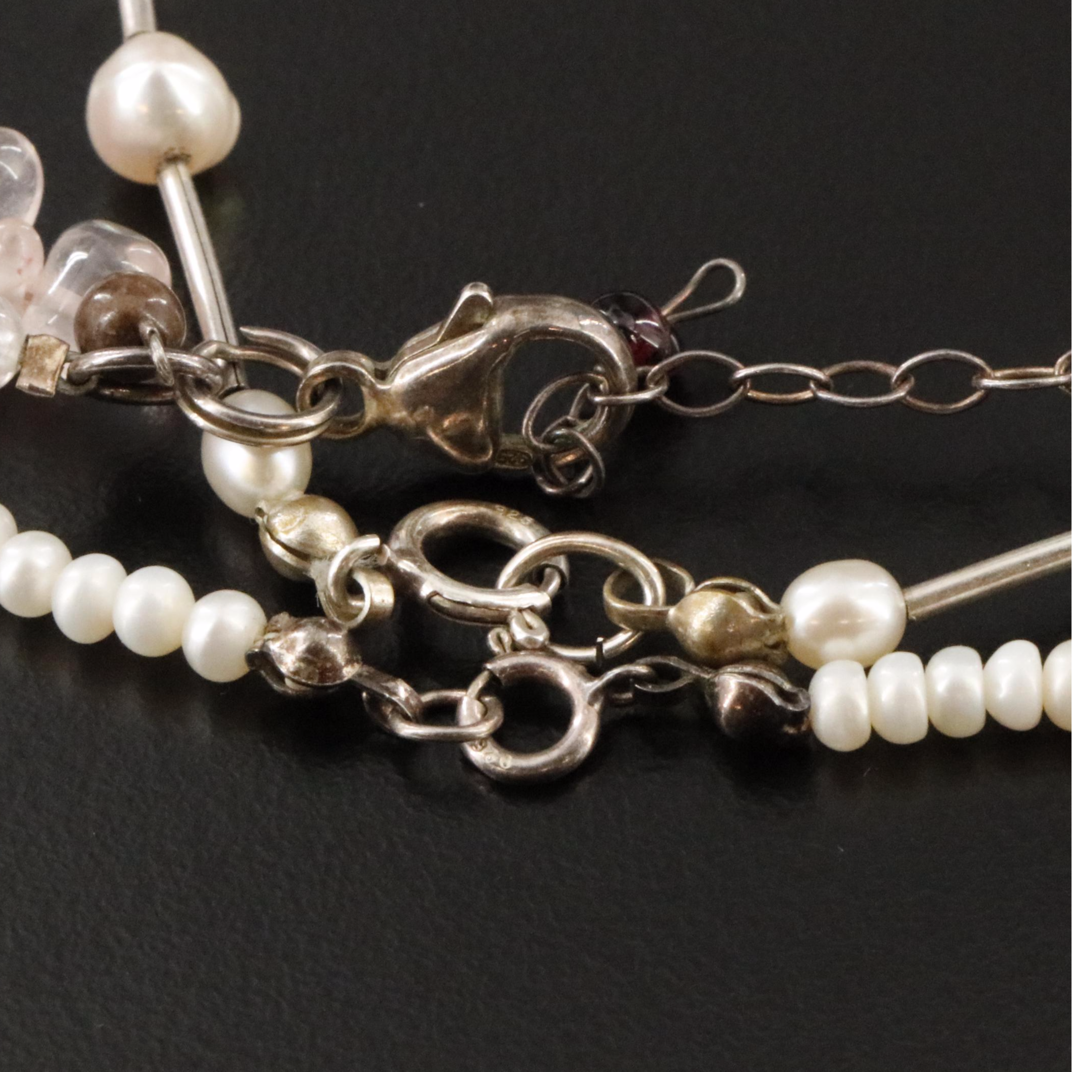 Pearls, Rose Quartz and Rock Crystal Necklace Collection Including Sterling