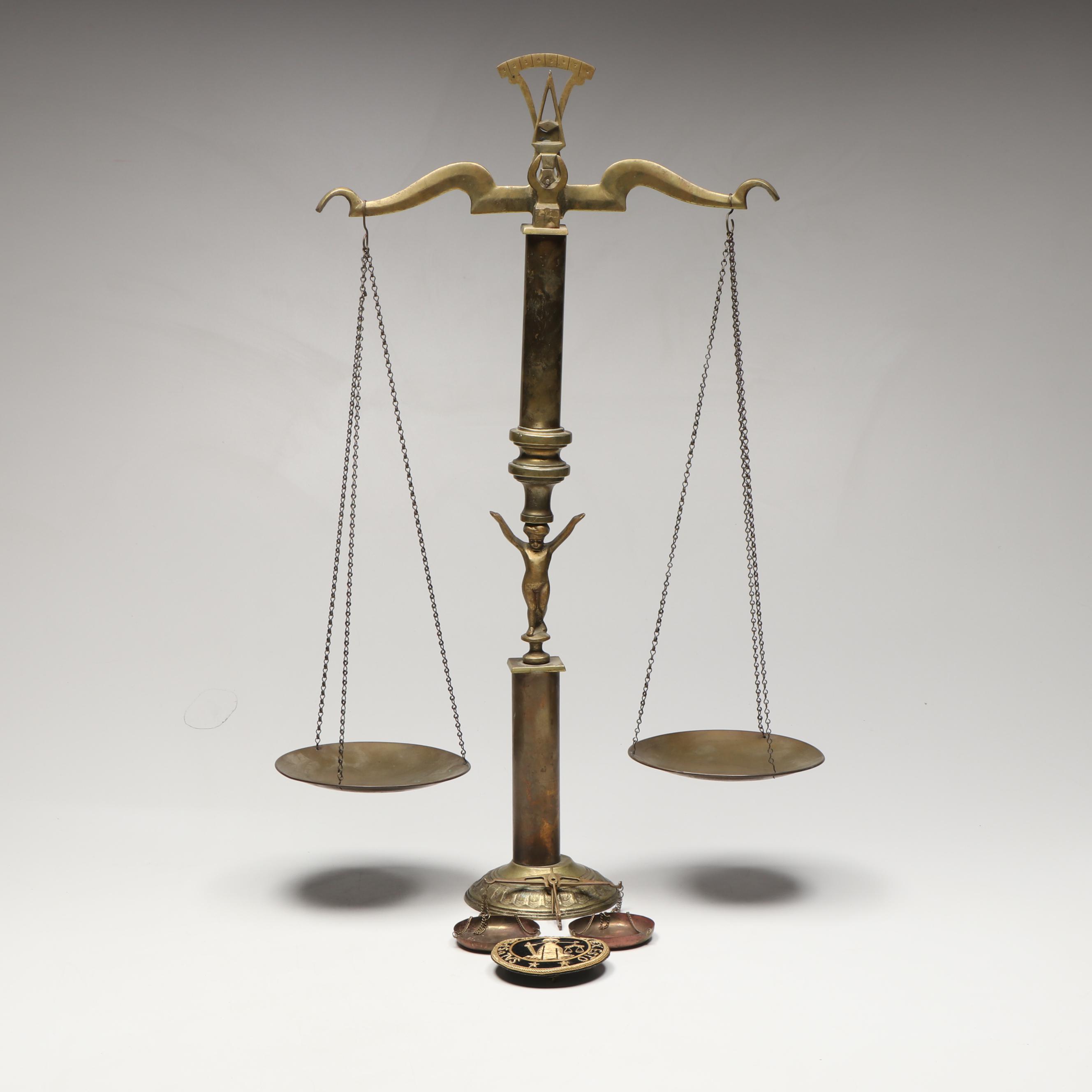 Neoclassical Style Brass Balance and Other Scale with Embroidered Latin Pin