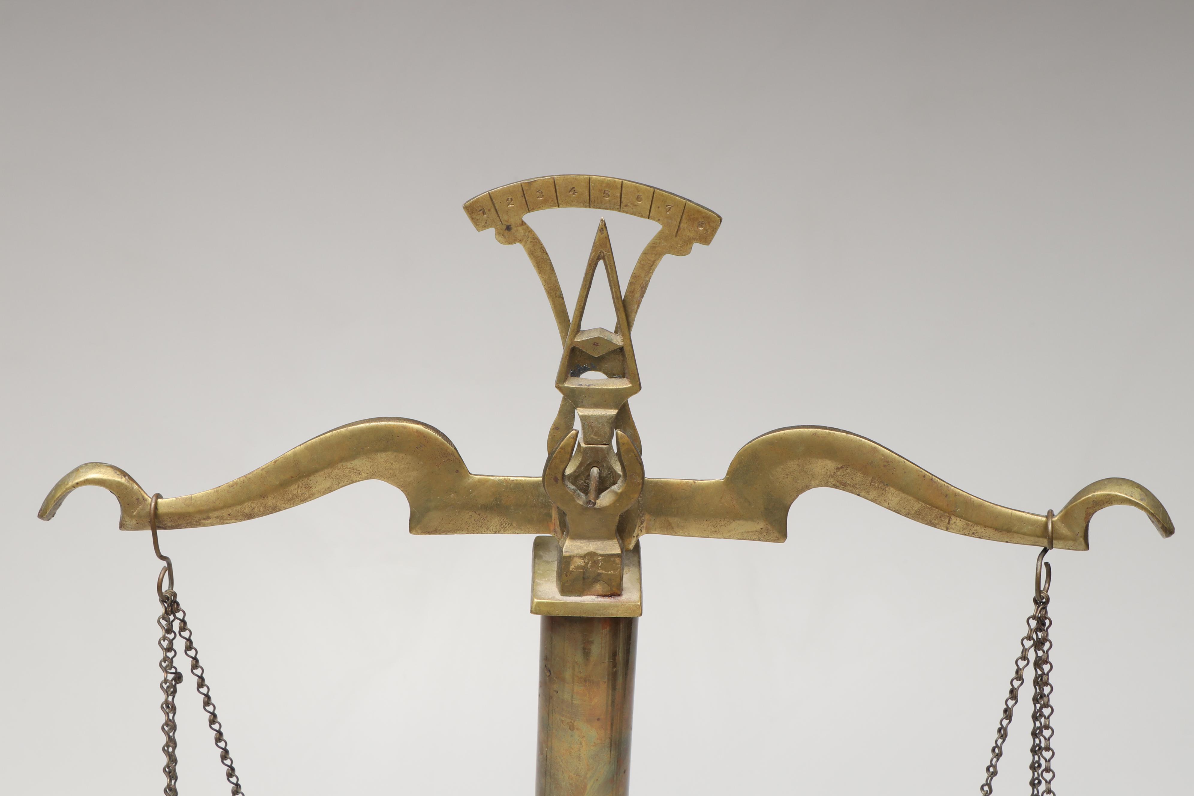 Neoclassical Style Brass Balance and Other Scale with Embroidered Latin Pin