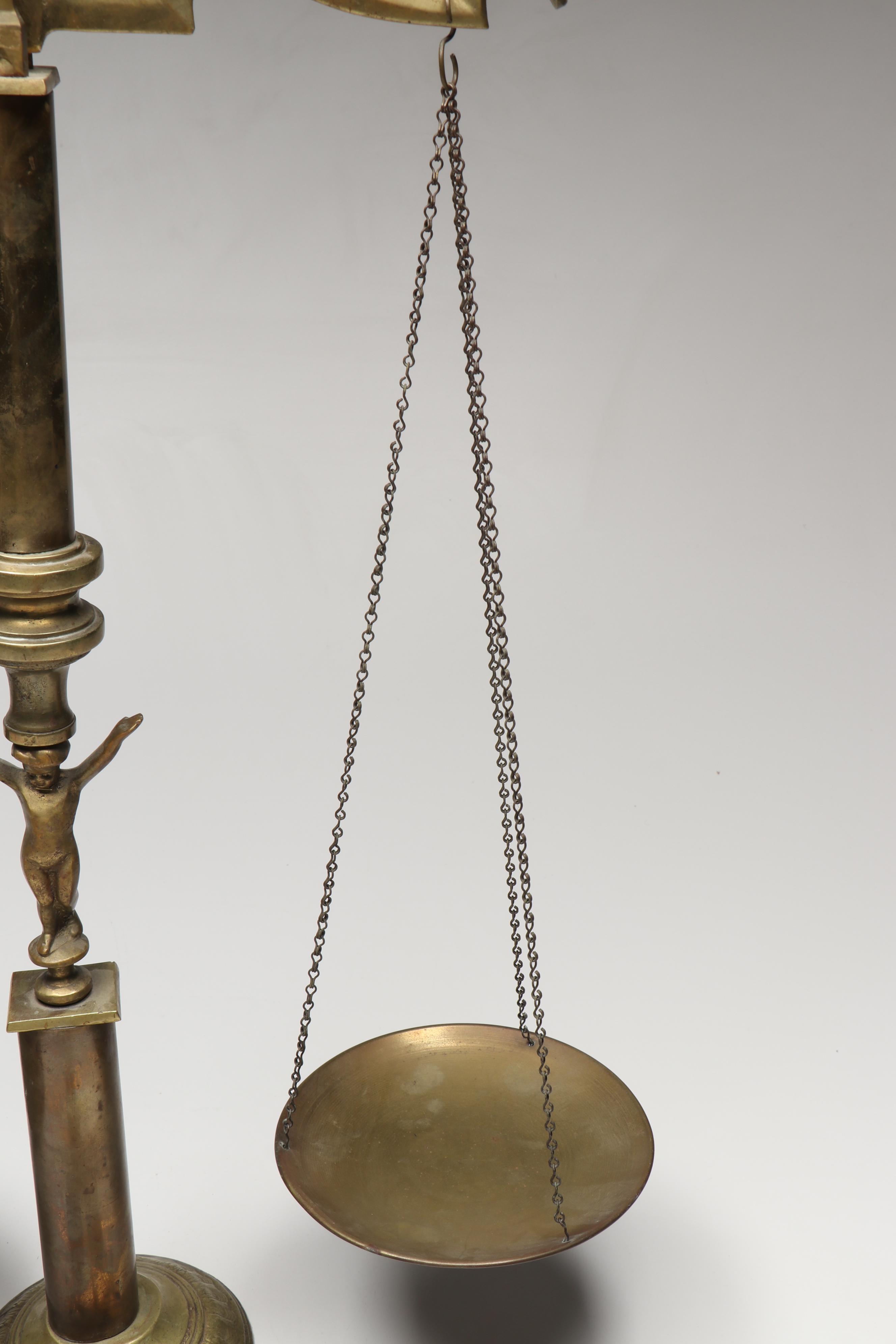 Neoclassical Style Brass Balance and Other Scale with Embroidered Latin Pin