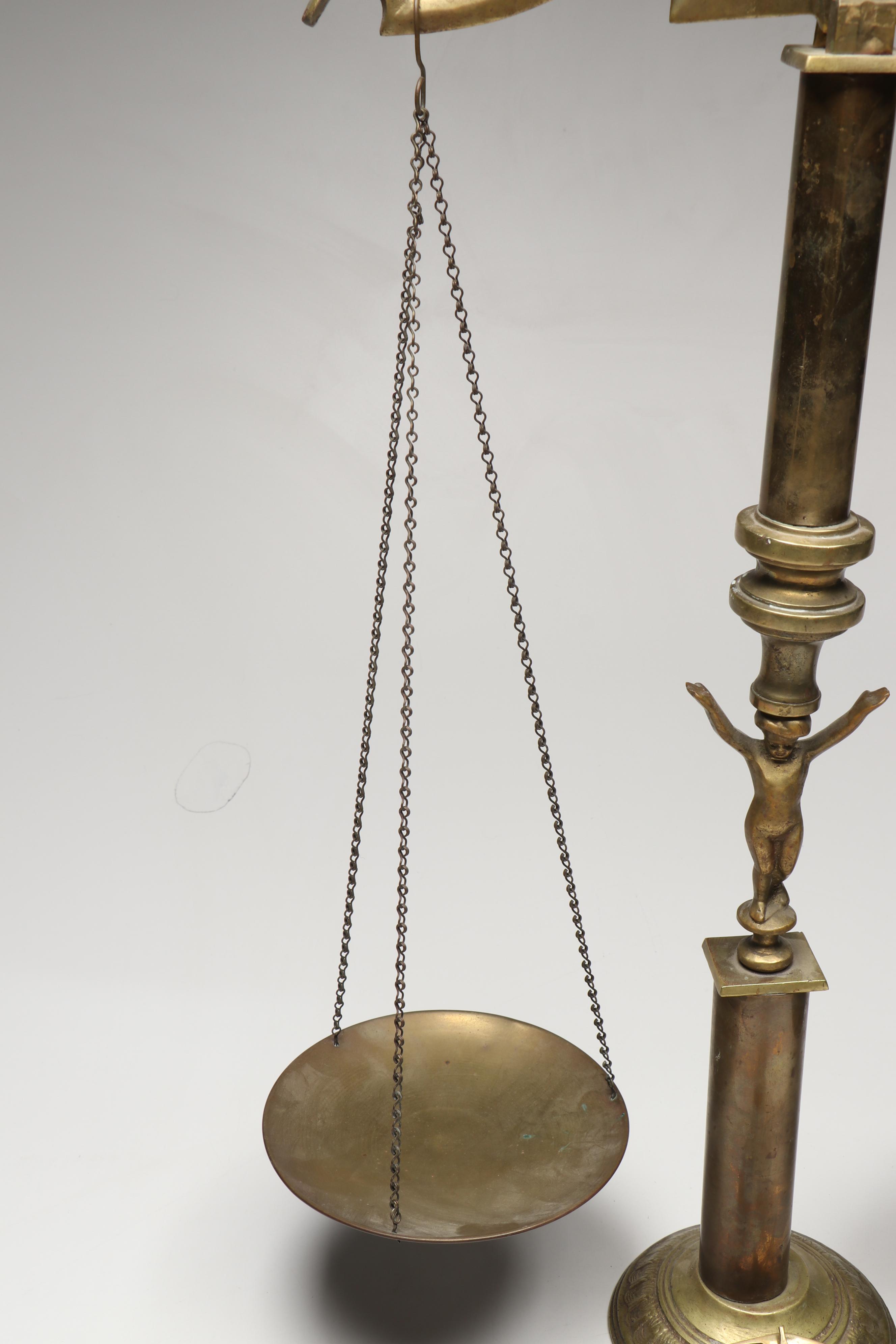 Neoclassical Style Brass Balance and Other Scale with Embroidered Latin Pin