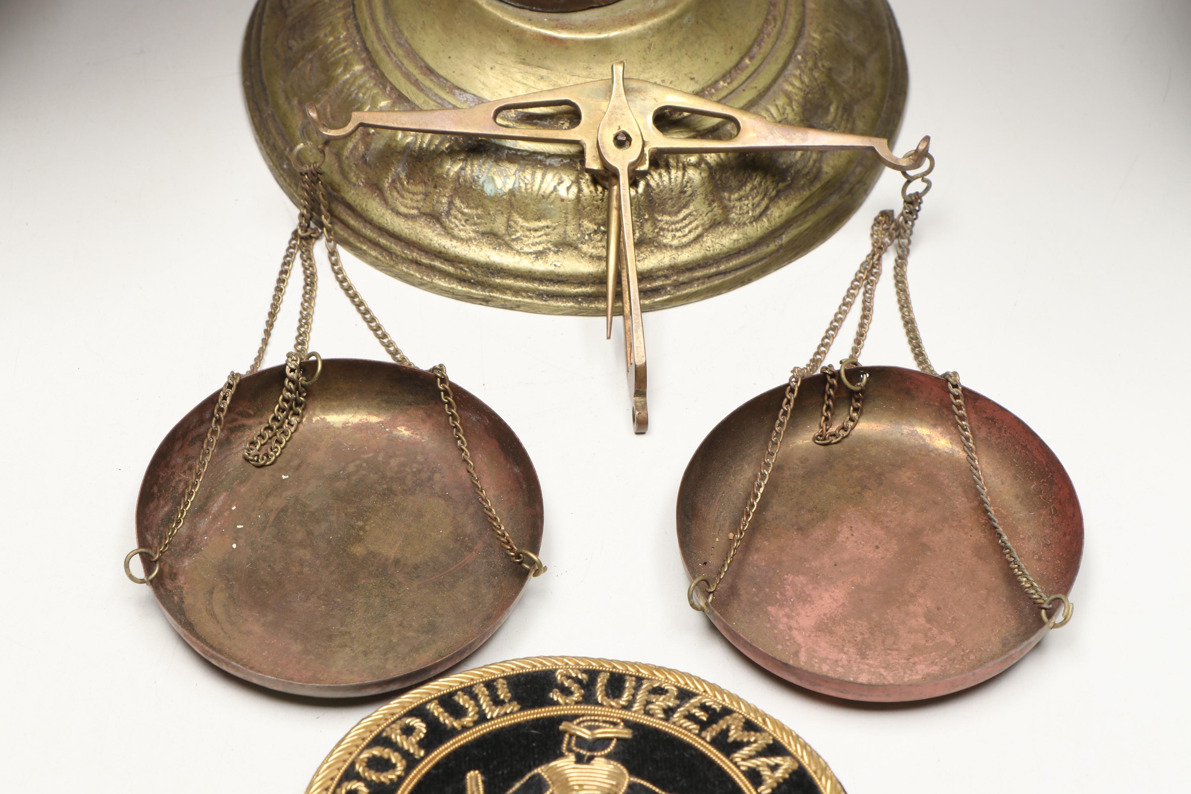 Neoclassical Style Brass Balance and Other Scale with Embroidered Latin Pin