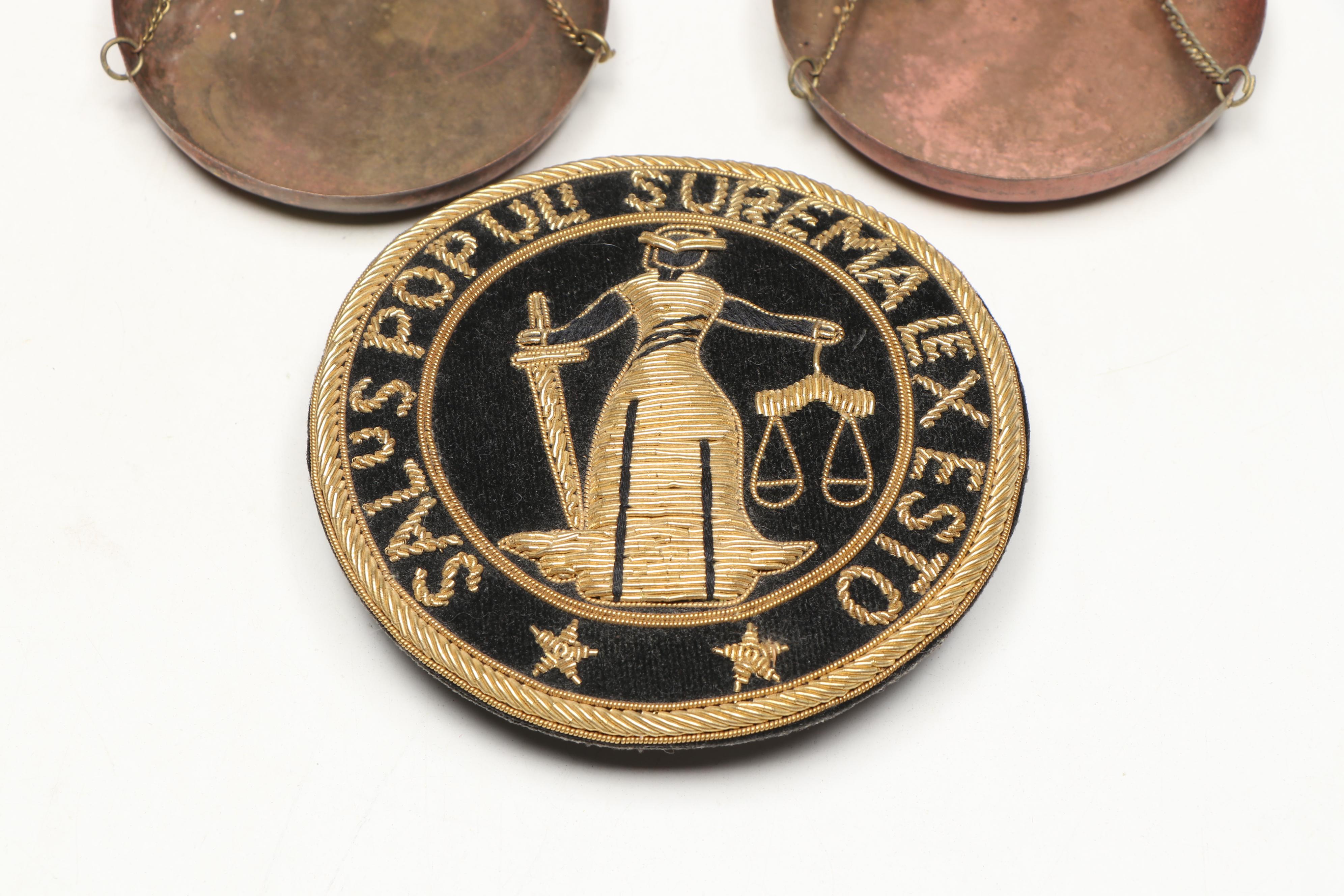 Neoclassical Style Brass Balance and Other Scale with Embroidered Latin Pin