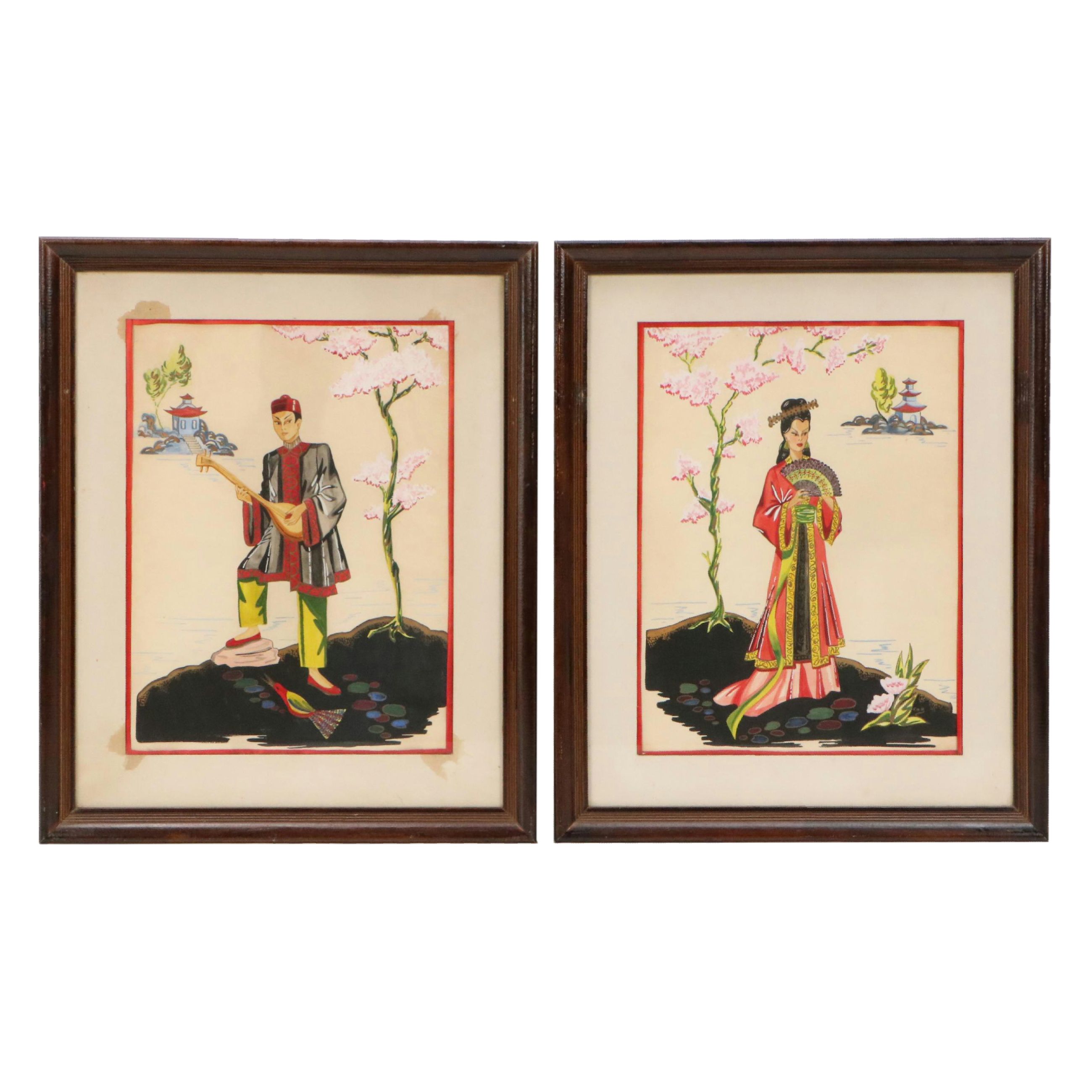 Gouche Paintings of Stylized East Asian Portraits, Mid-20th Century
