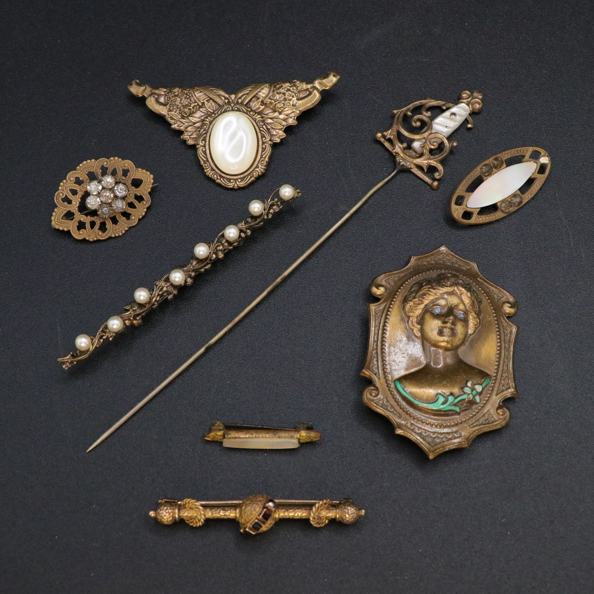 Mother-of-Pearl Inlay Sword Hat Pin with Brass-Tone Repoussé Brooches & More