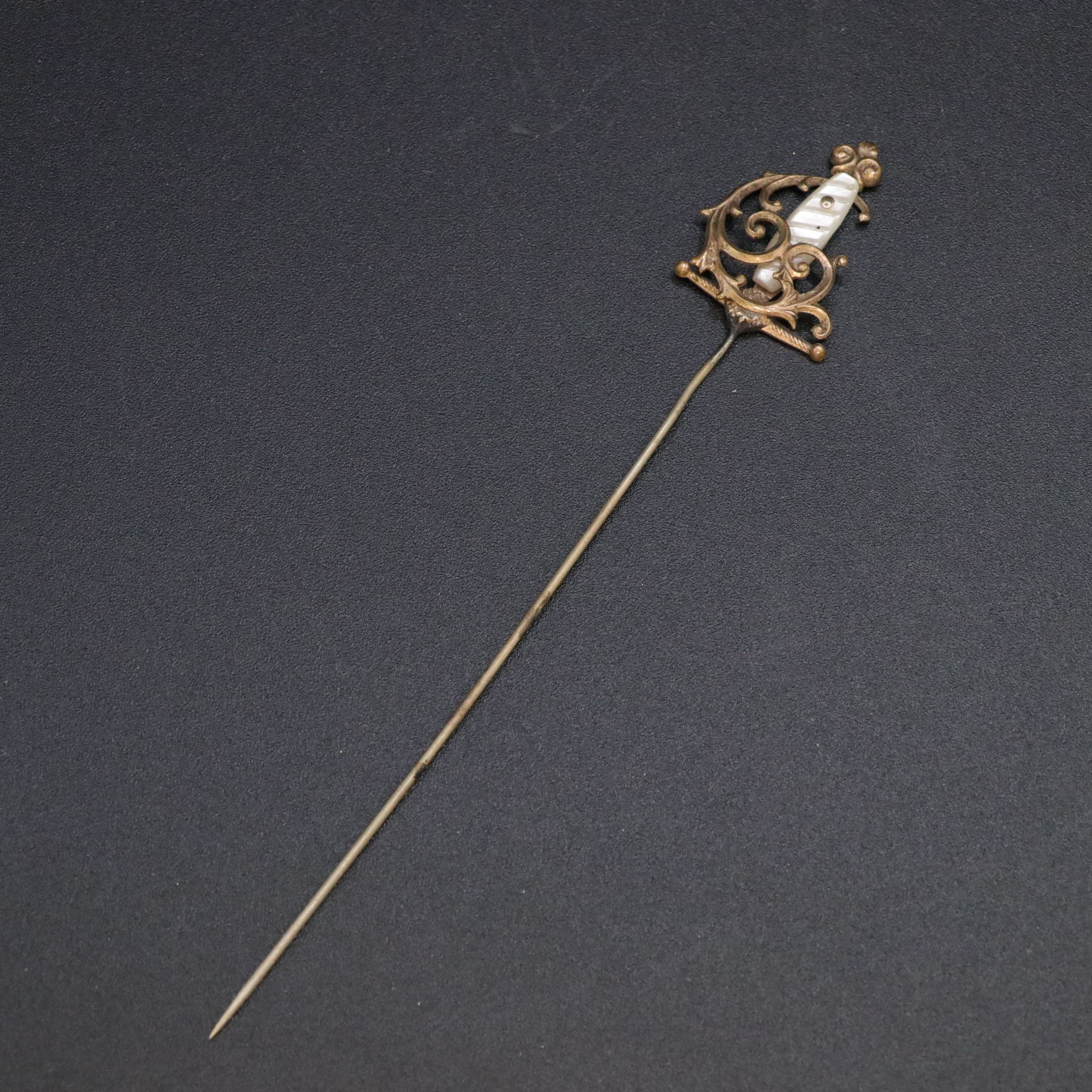Mother-of-Pearl Inlay Sword Hat Pin with Brass-Tone Repoussé Brooches & More