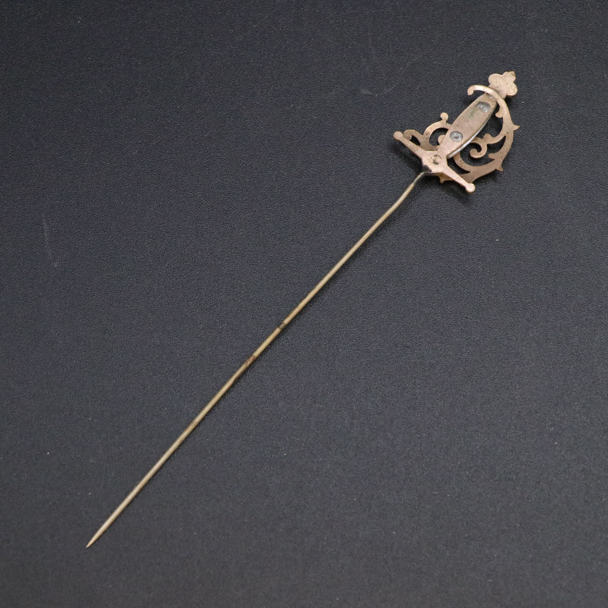 Mother-of-Pearl Inlay Sword Hat Pin with Brass-Tone Repoussé Brooches & More