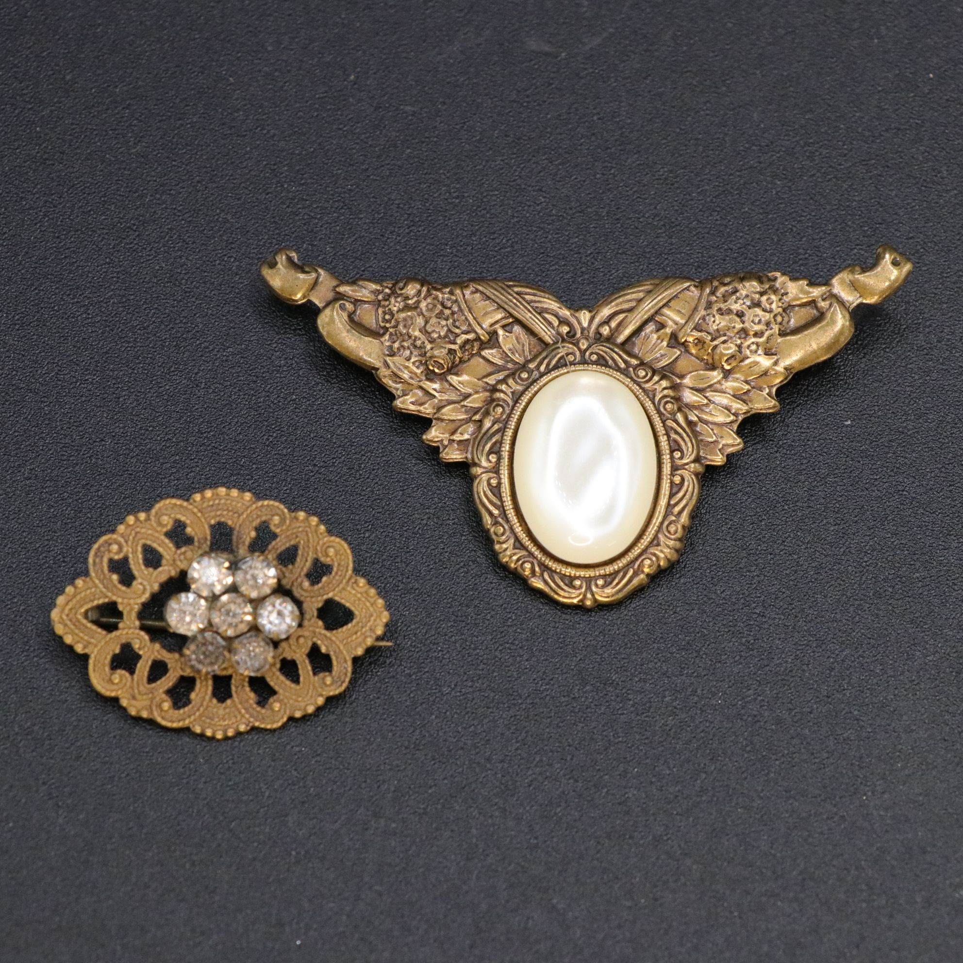 Mother-of-Pearl Inlay Sword Hat Pin with Brass-Tone Repoussé Brooches & More