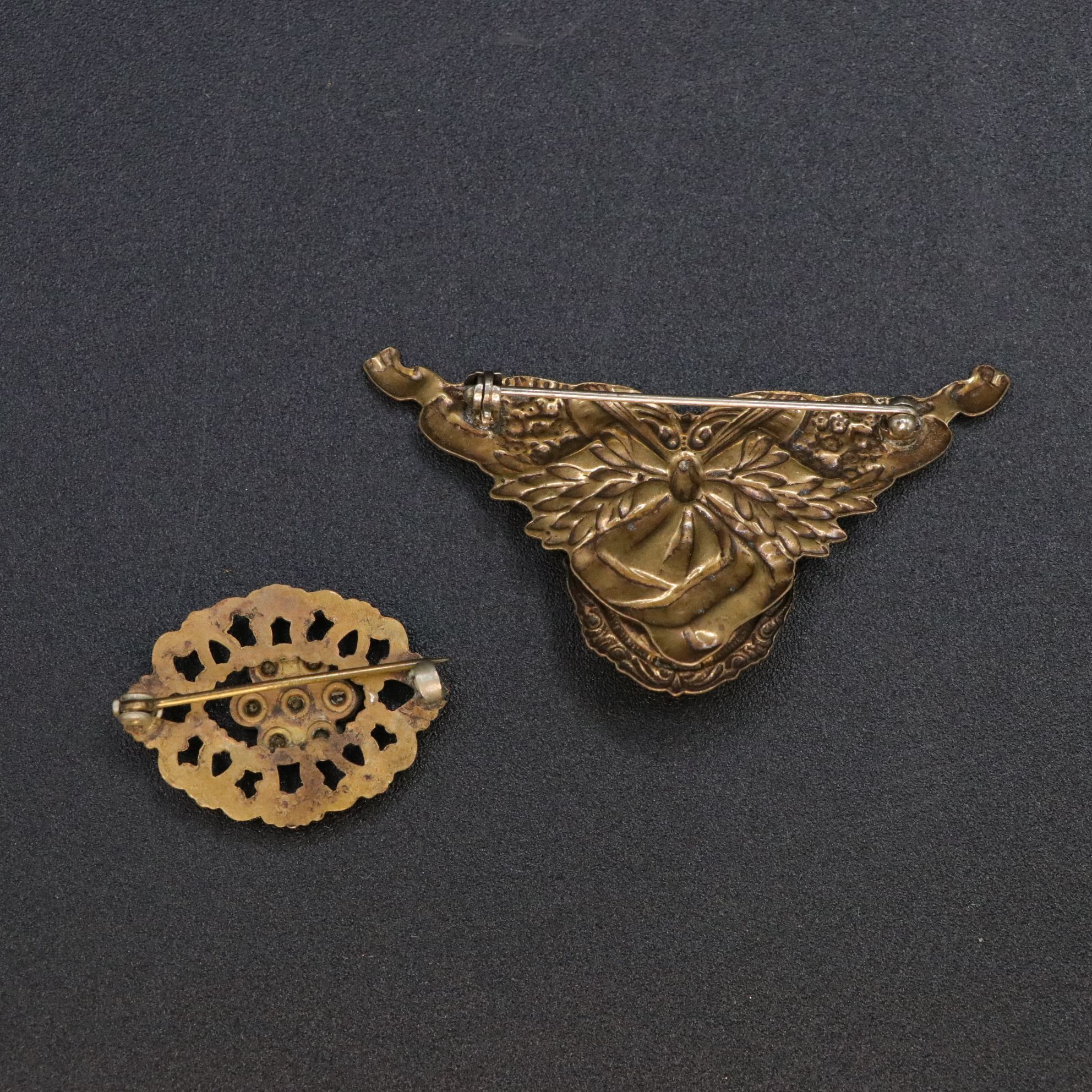 Mother-of-Pearl Inlay Sword Hat Pin with Brass-Tone Repoussé Brooches & More