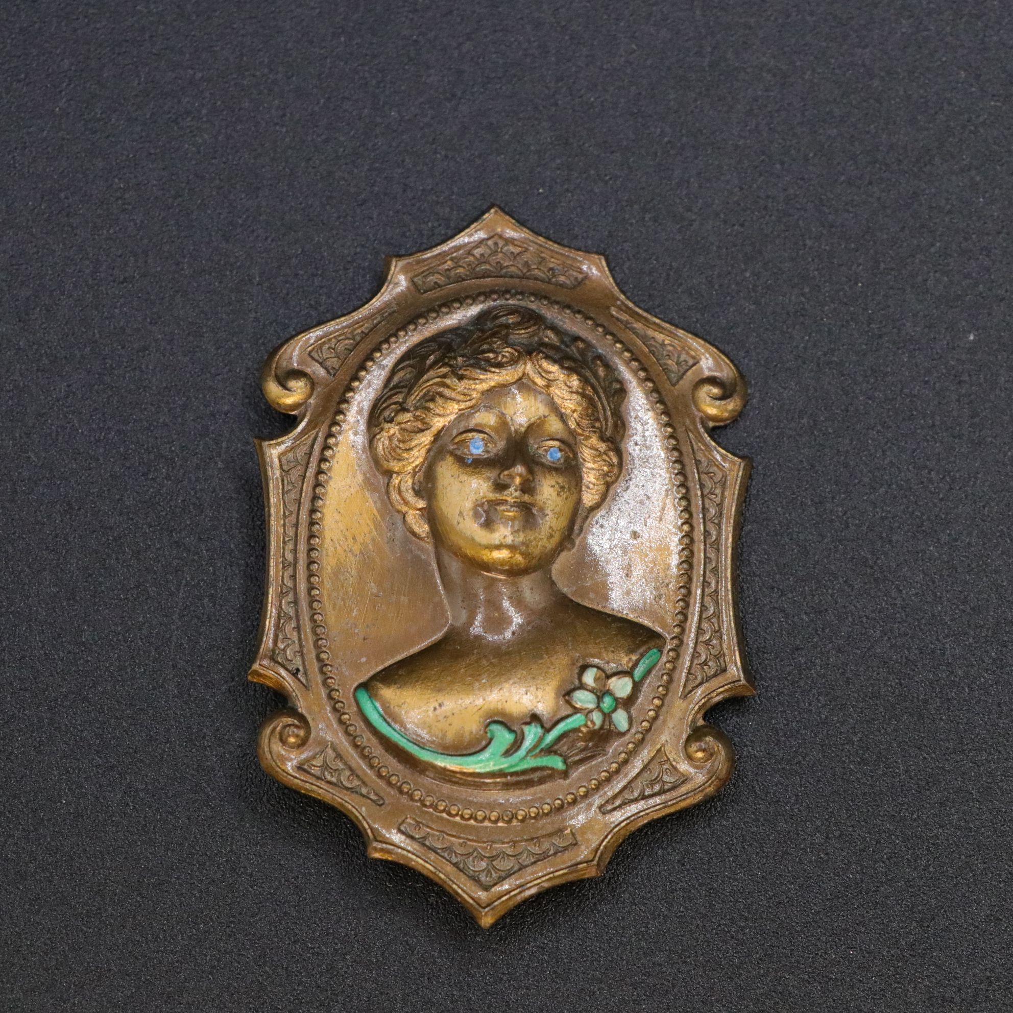 Mother-of-Pearl Inlay Sword Hat Pin with Brass-Tone Repoussé Brooches & More