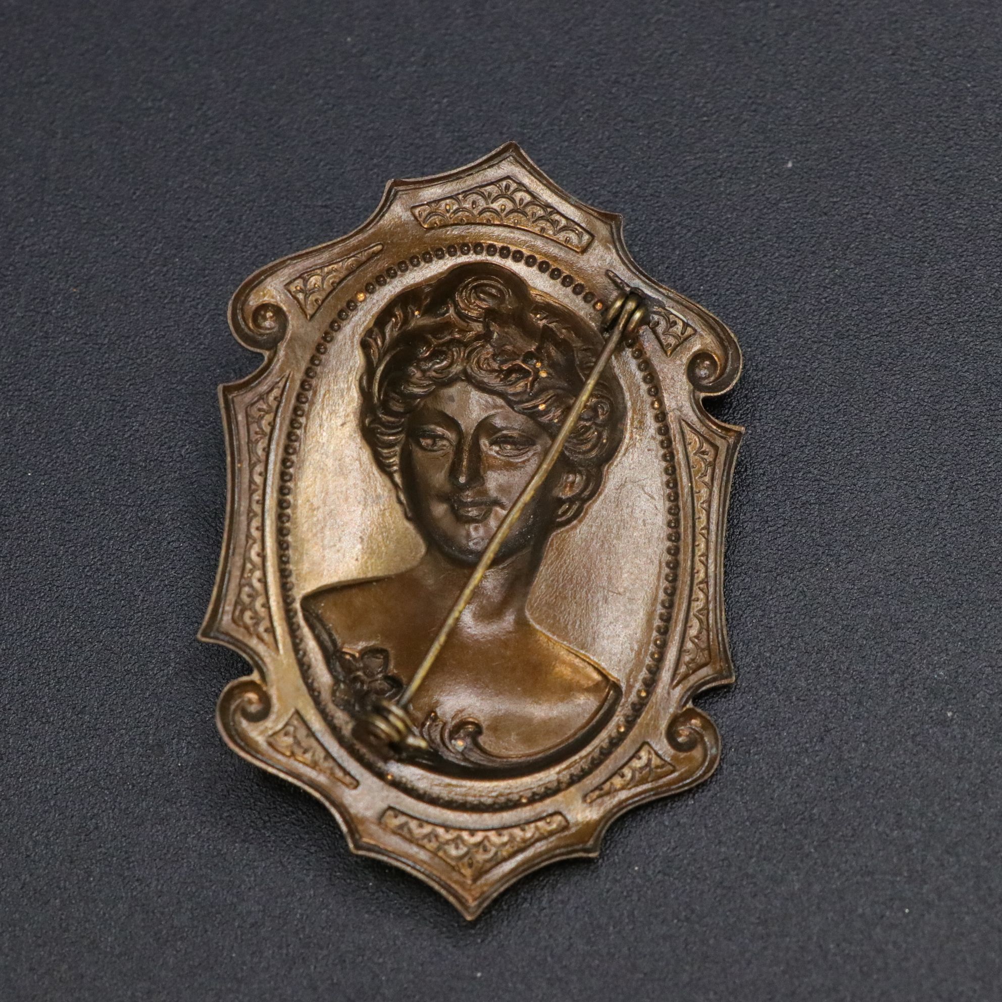 Mother-of-Pearl Inlay Sword Hat Pin with Brass-Tone Repoussé Brooches & More