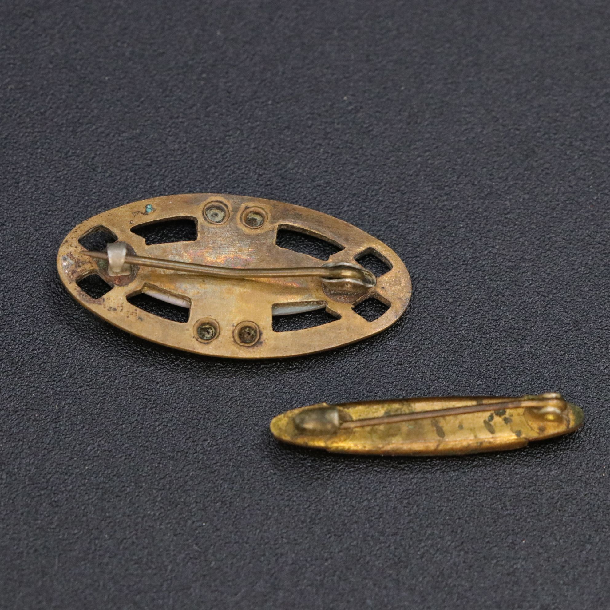 Mother-of-Pearl Inlay Sword Hat Pin with Brass-Tone Repoussé Brooches & More