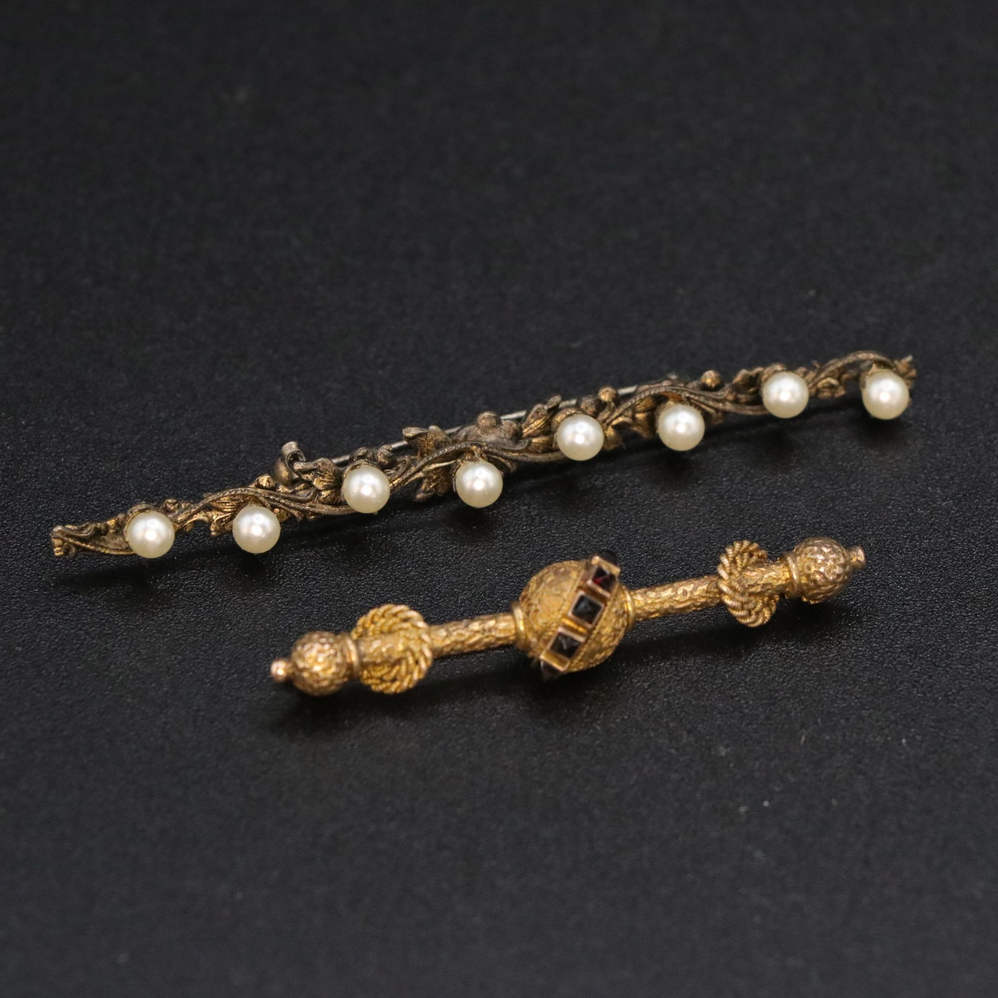 Mother-of-Pearl Inlay Sword Hat Pin with Brass-Tone Repoussé Brooches & More