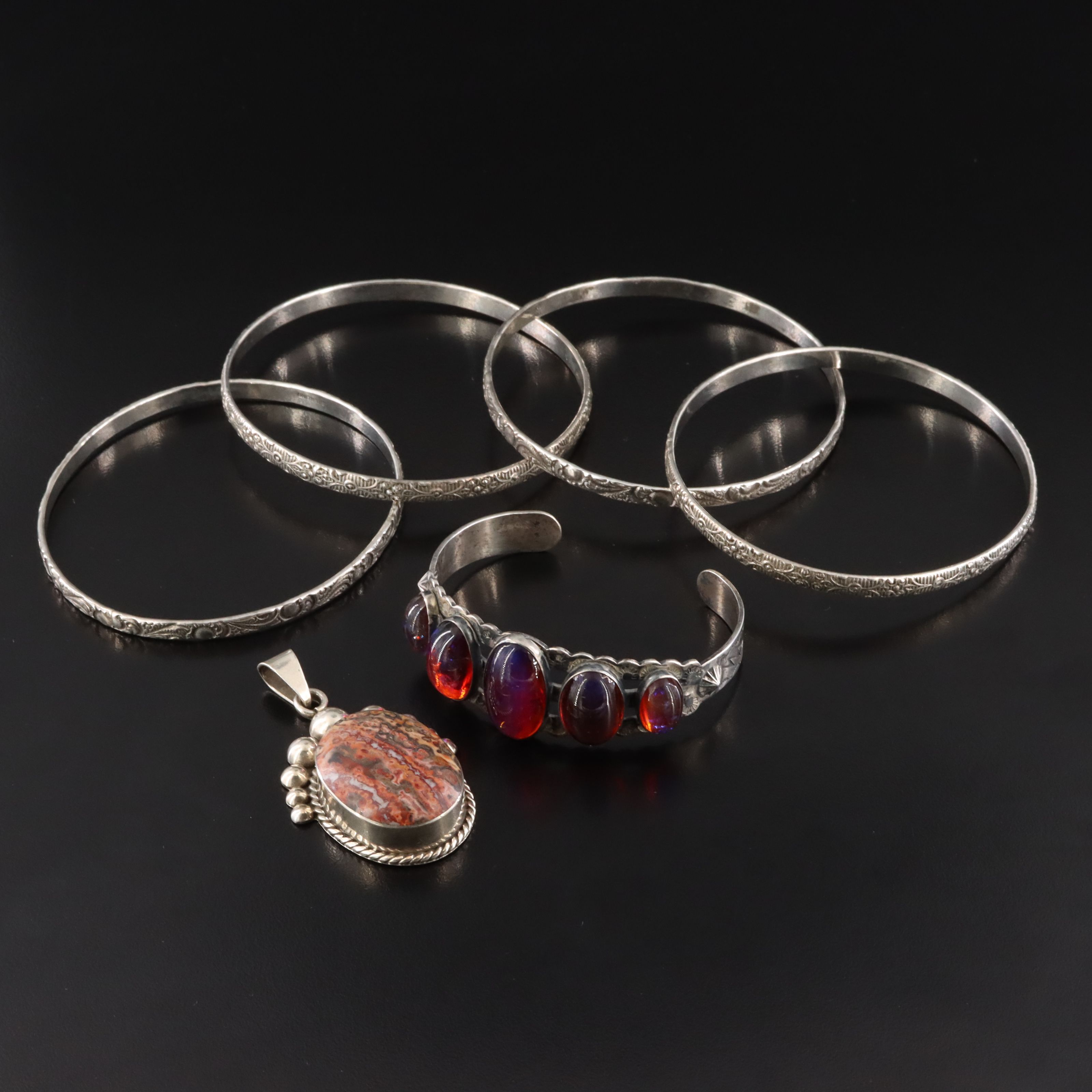 Sterling Bangles, Cuff and Pendant Featuring Jasper and Dragon's Breath Glass