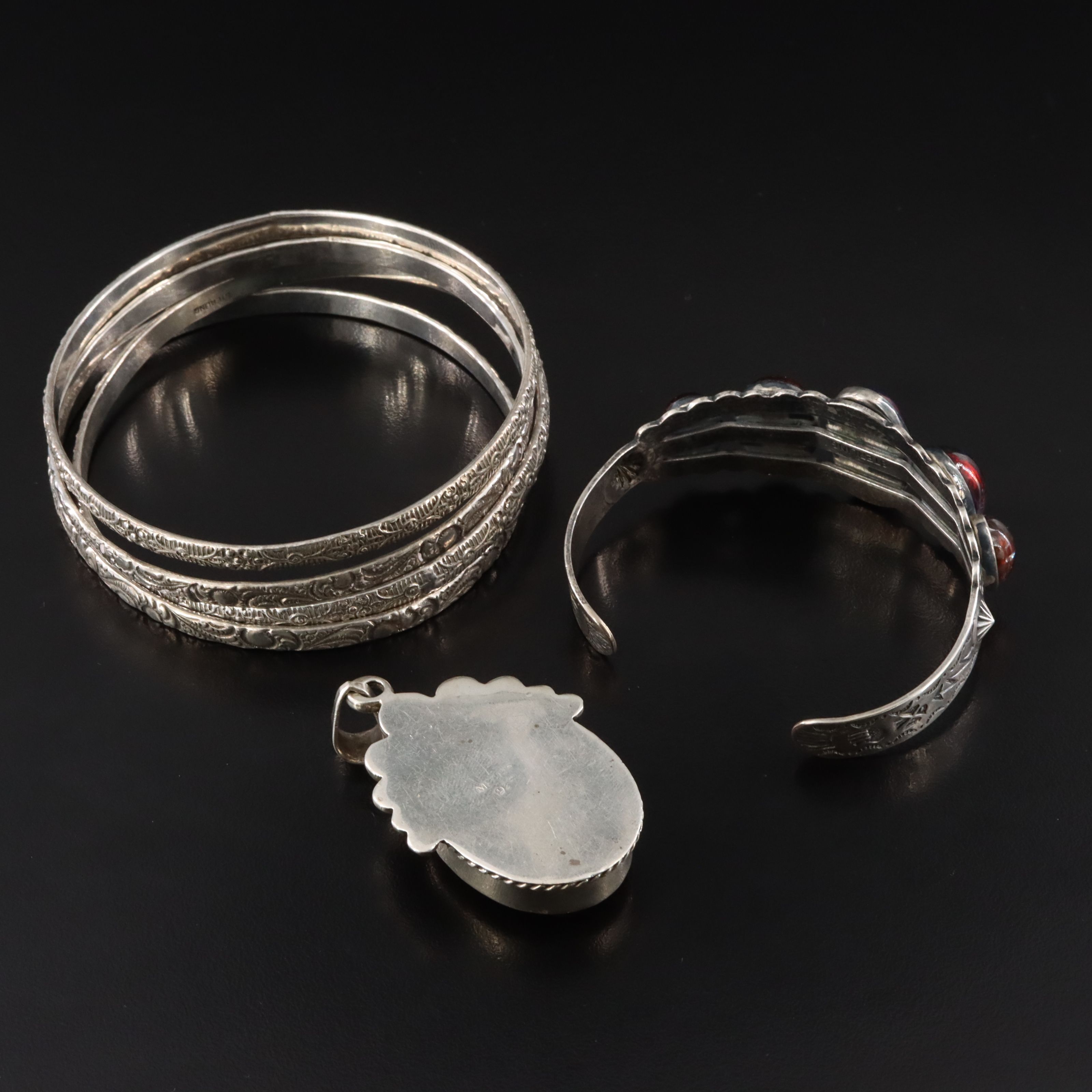 Sterling Bangles, Cuff and Pendant Featuring Jasper and Dragon's Breath Glass
