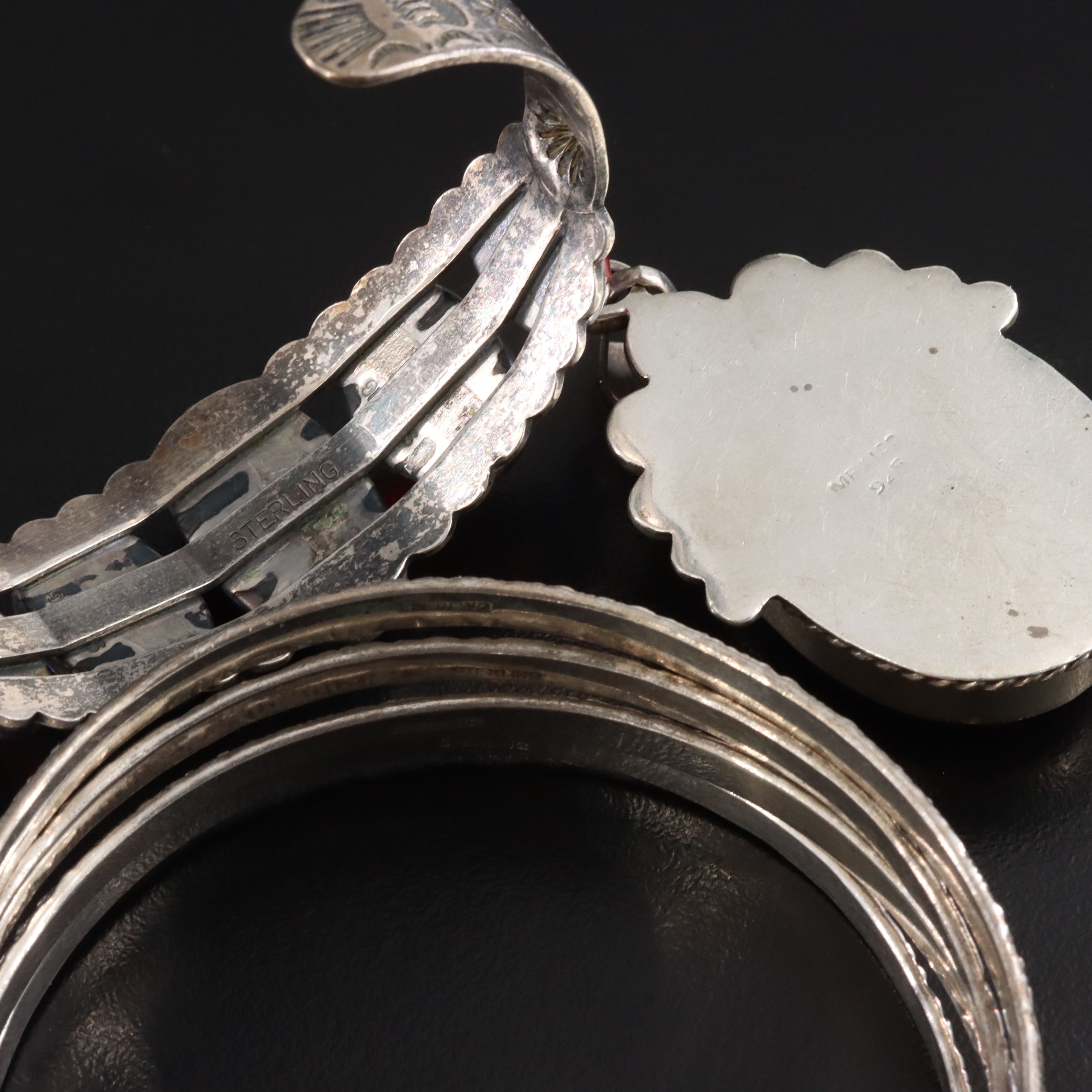 Sterling Bangles, Cuff and Pendant Featuring Jasper and Dragon's Breath Glass