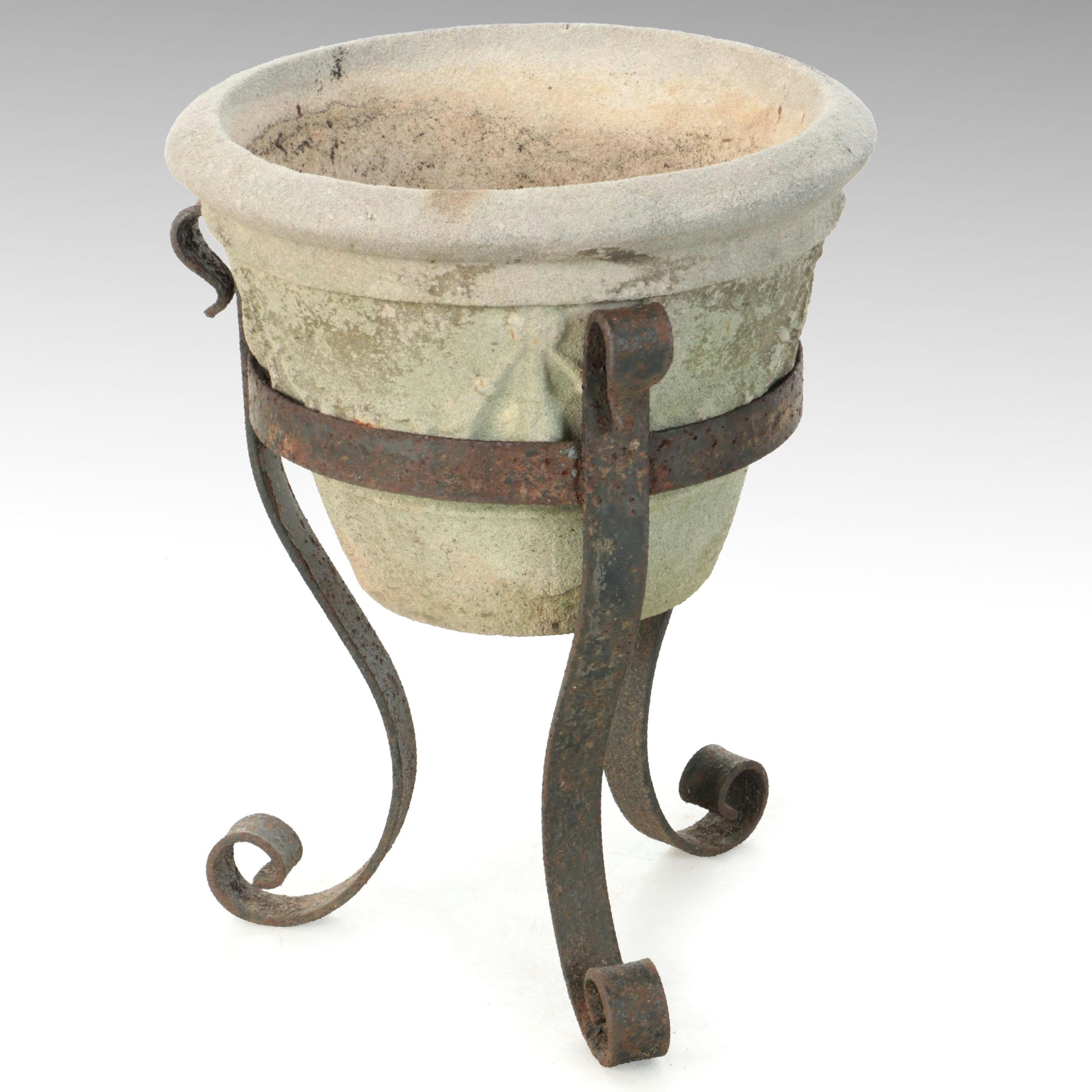 Italian Style Wrought Iron and Cement Footed Planter