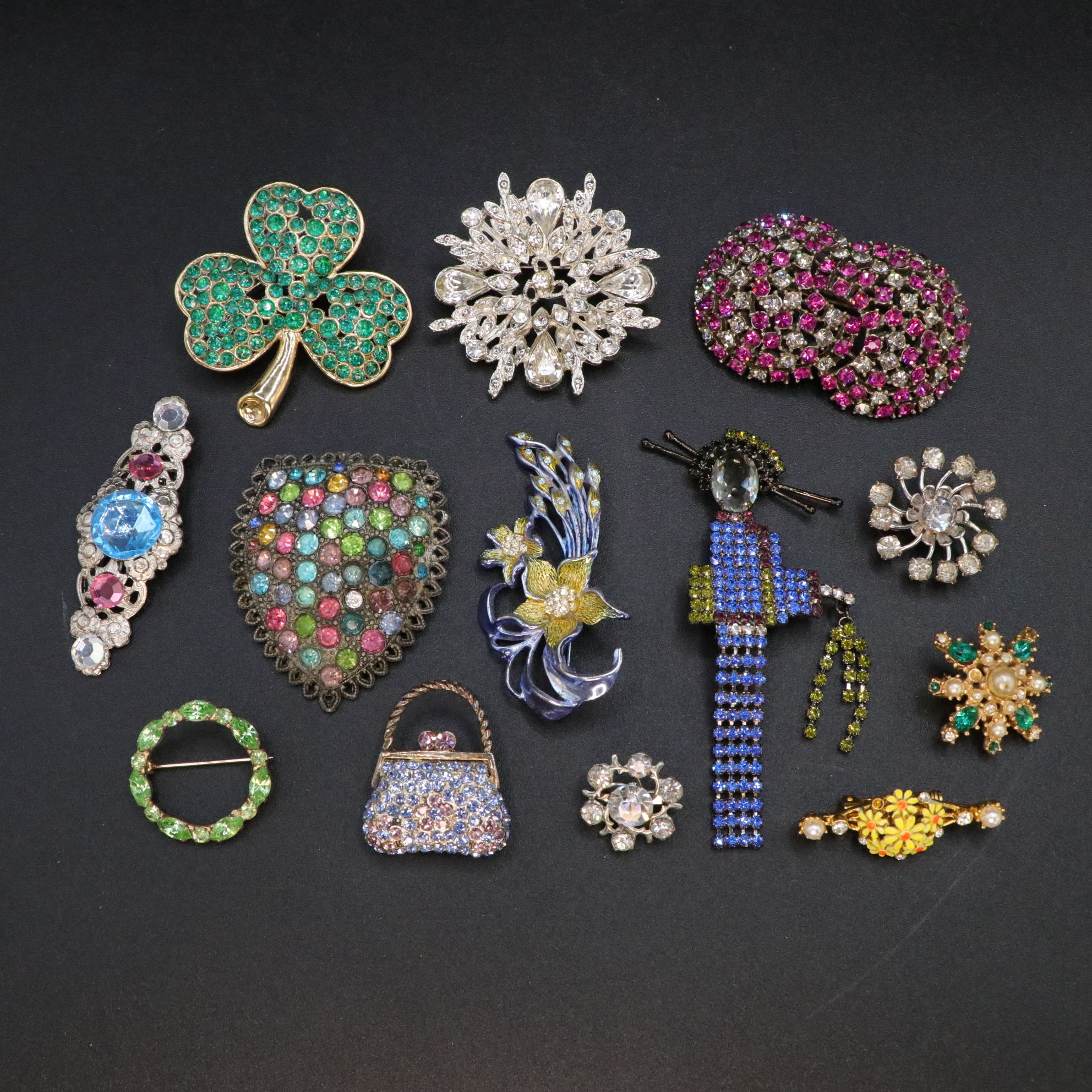Floral Enamel Brooch with Clover, Purse, Geisha and More Figural Brooches