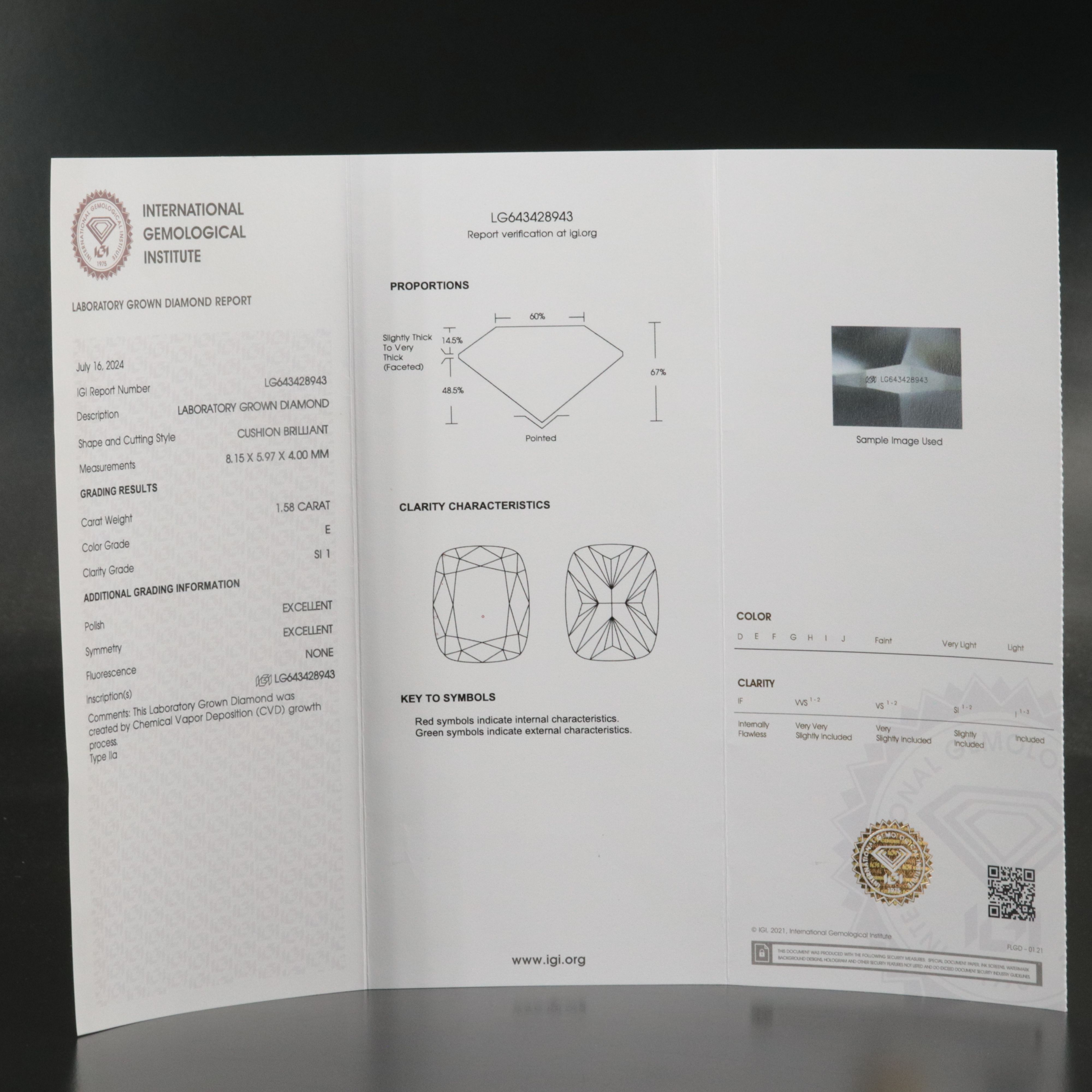 Loose 1.58 CT Lab Grown Diamond with IGI Report