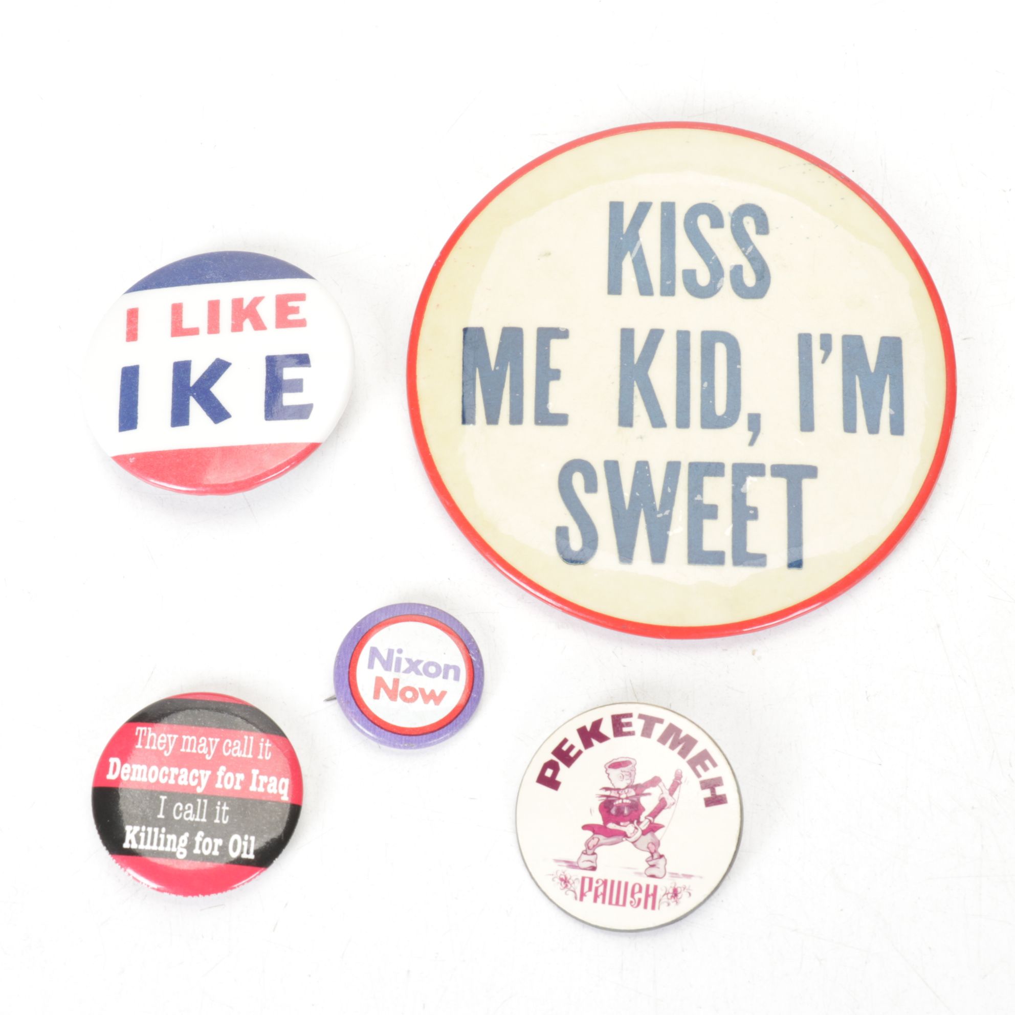 "I Like Ike" & "Nixon Now" with "Kiss Me Kid, I'm Sweet" & More Buttons, 1960s