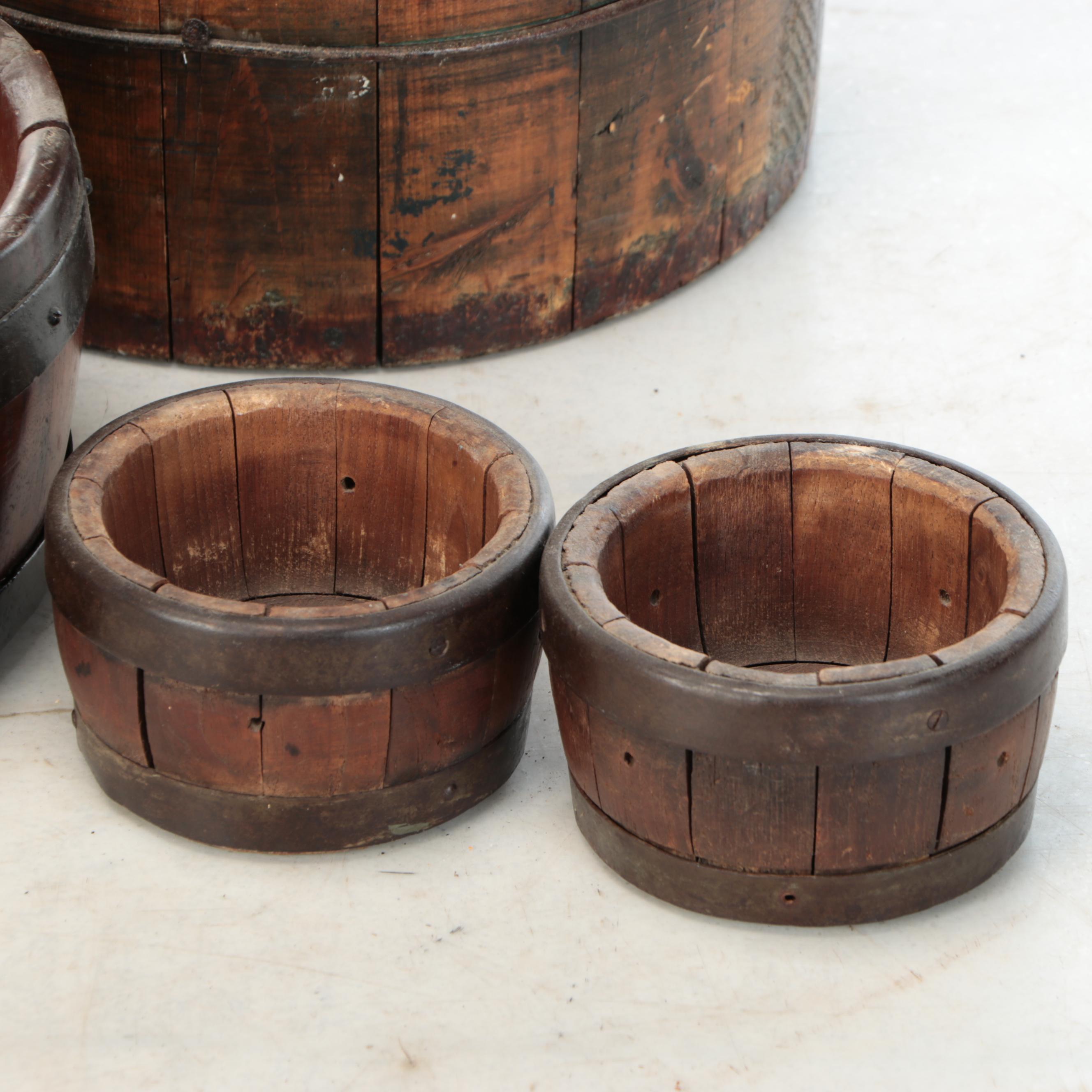 English Style Wooden Stave Cheese Molds and Bucket with Metal Fittings, 19th C.