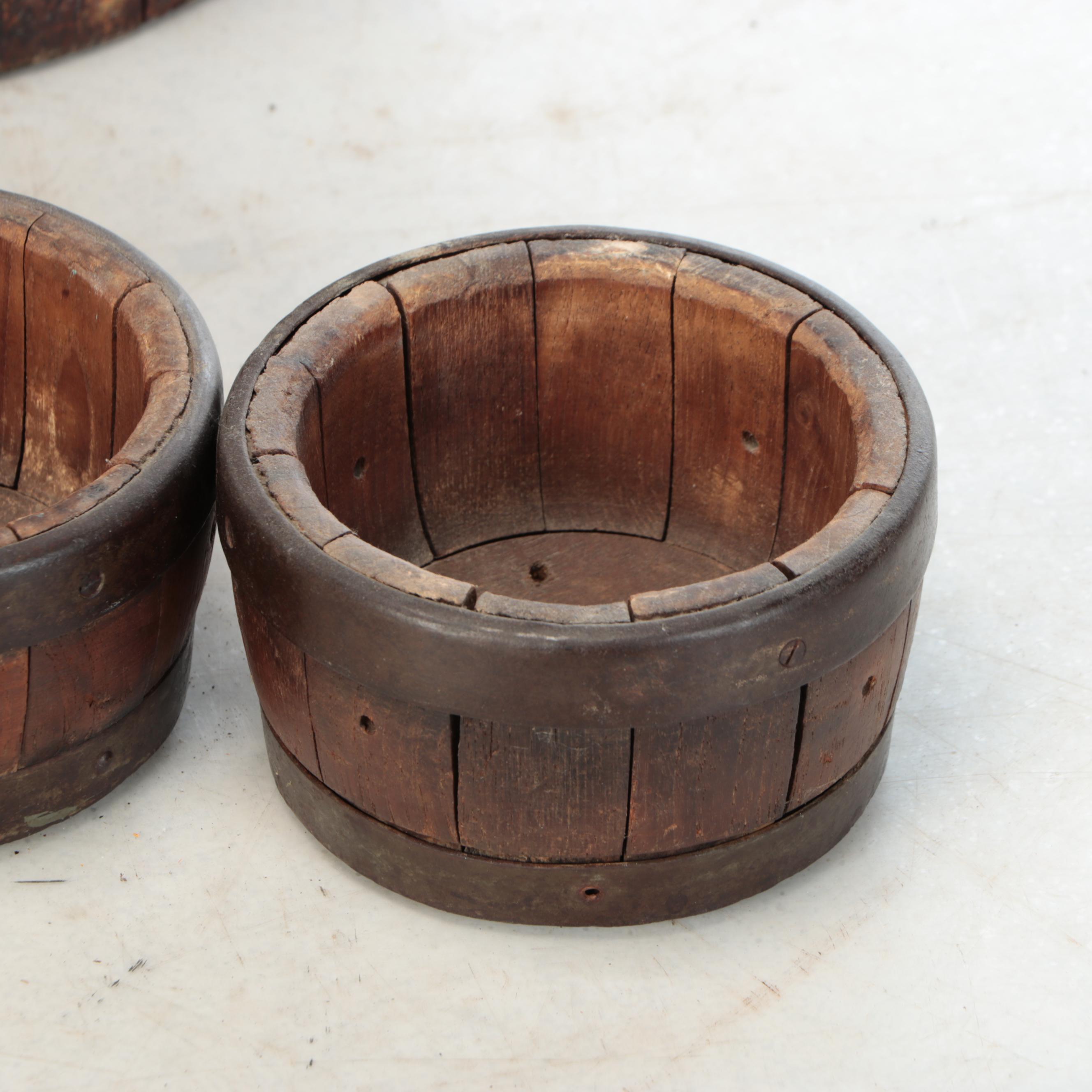 English Style Wooden Stave Cheese Molds and Bucket with Metal Fittings, 19th C.