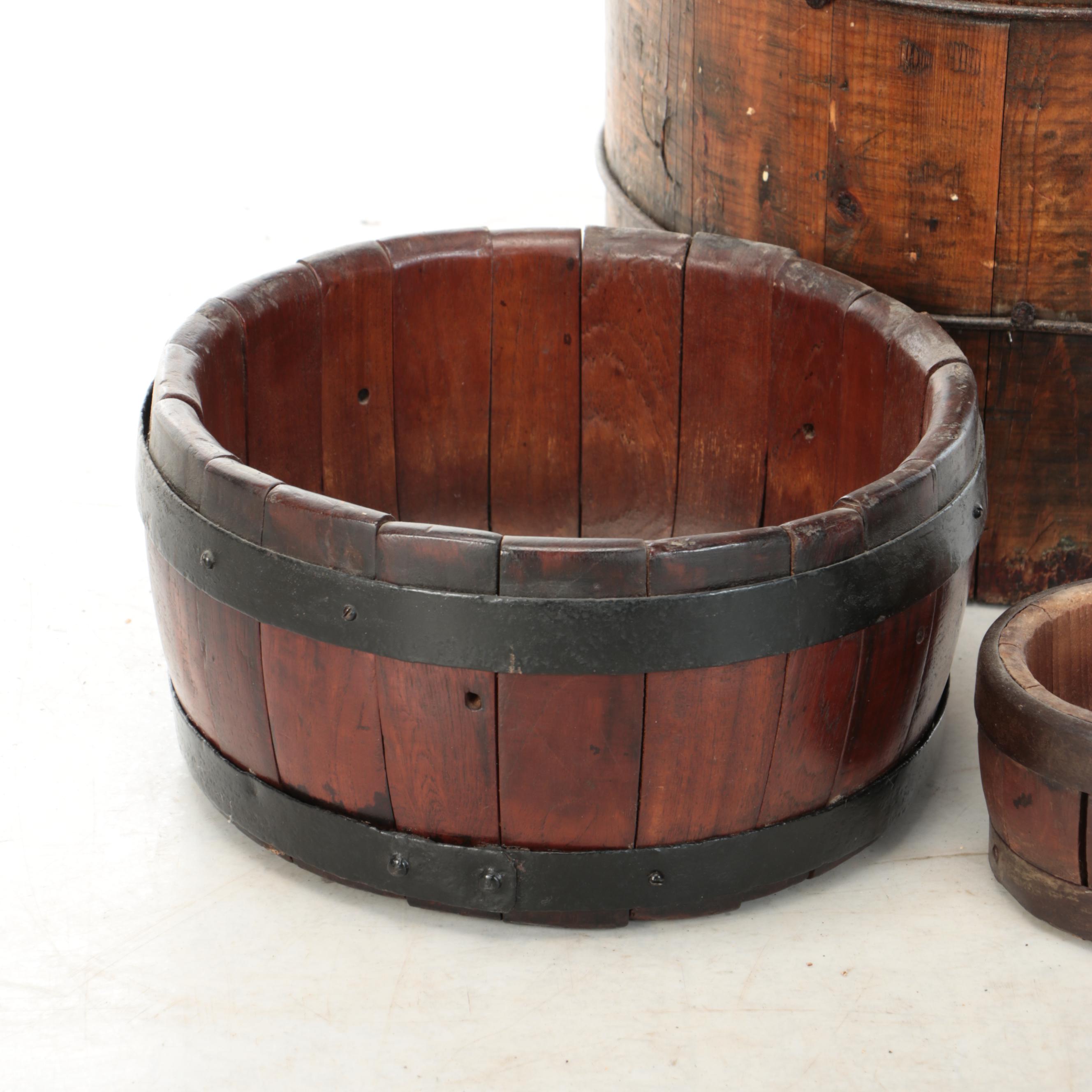 English Style Wooden Stave Cheese Molds and Bucket with Metal Fittings, 19th C.