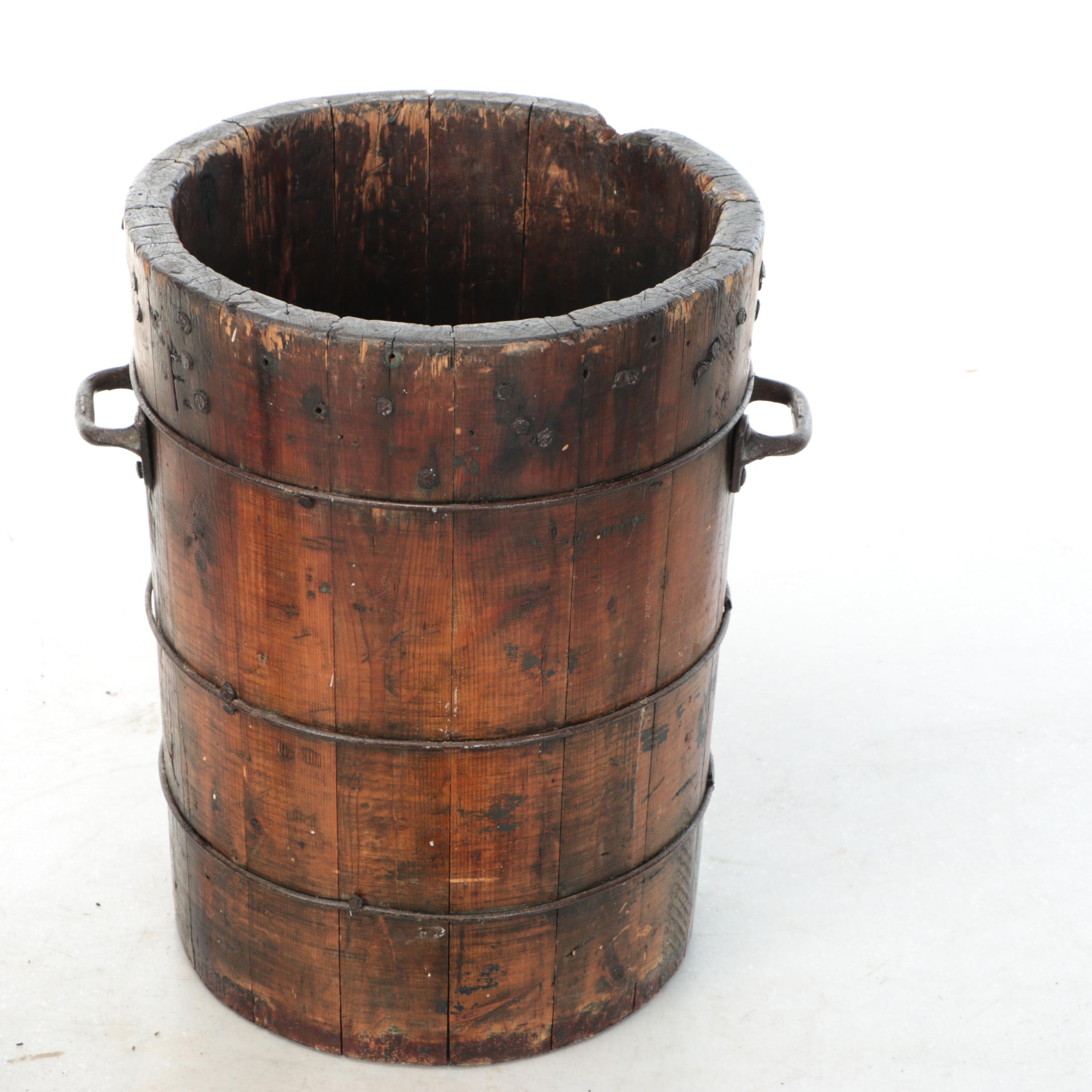 English Style Wooden Stave Cheese Molds and Bucket with Metal Fittings, 19th C.