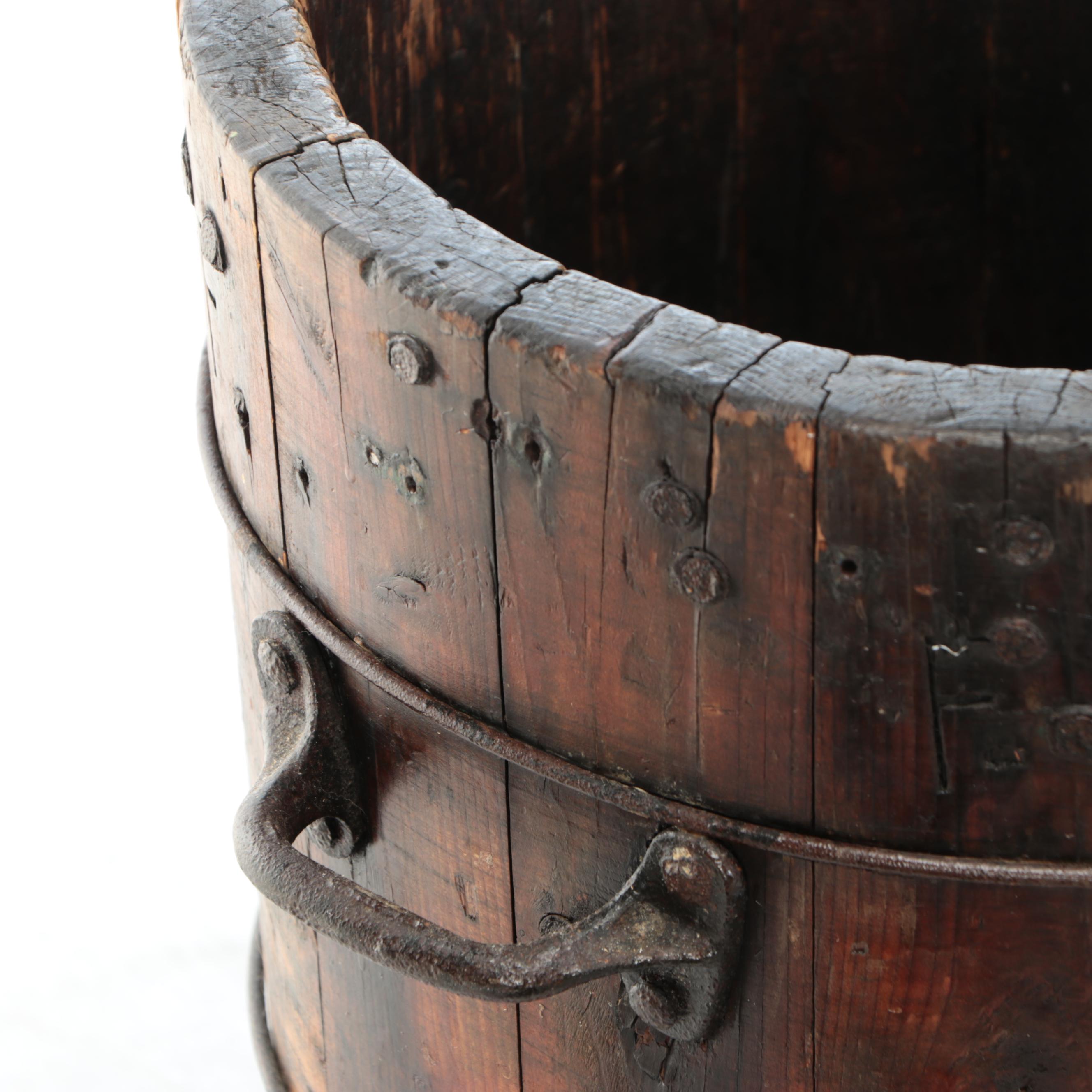 English Style Wooden Stave Cheese Molds and Bucket with Metal Fittings, 19th C.